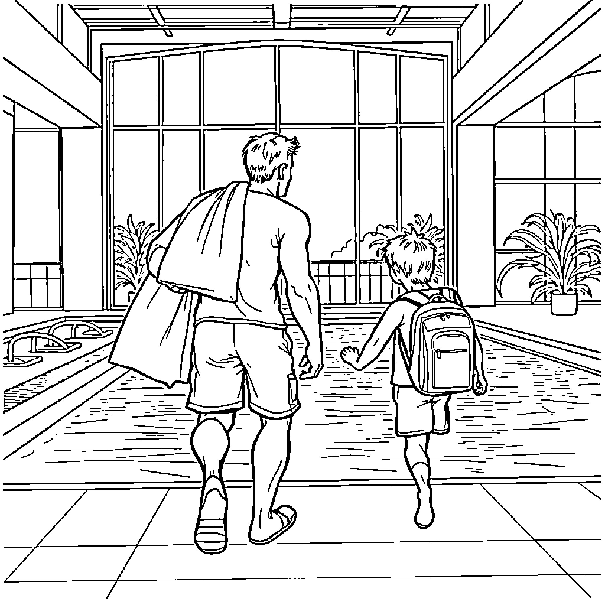 Dad and child walking together in school Coloring Page (free black-and-white line drawing printable PDF for all, from beginners to advanced learners, including children, teens, adults, and seniors)