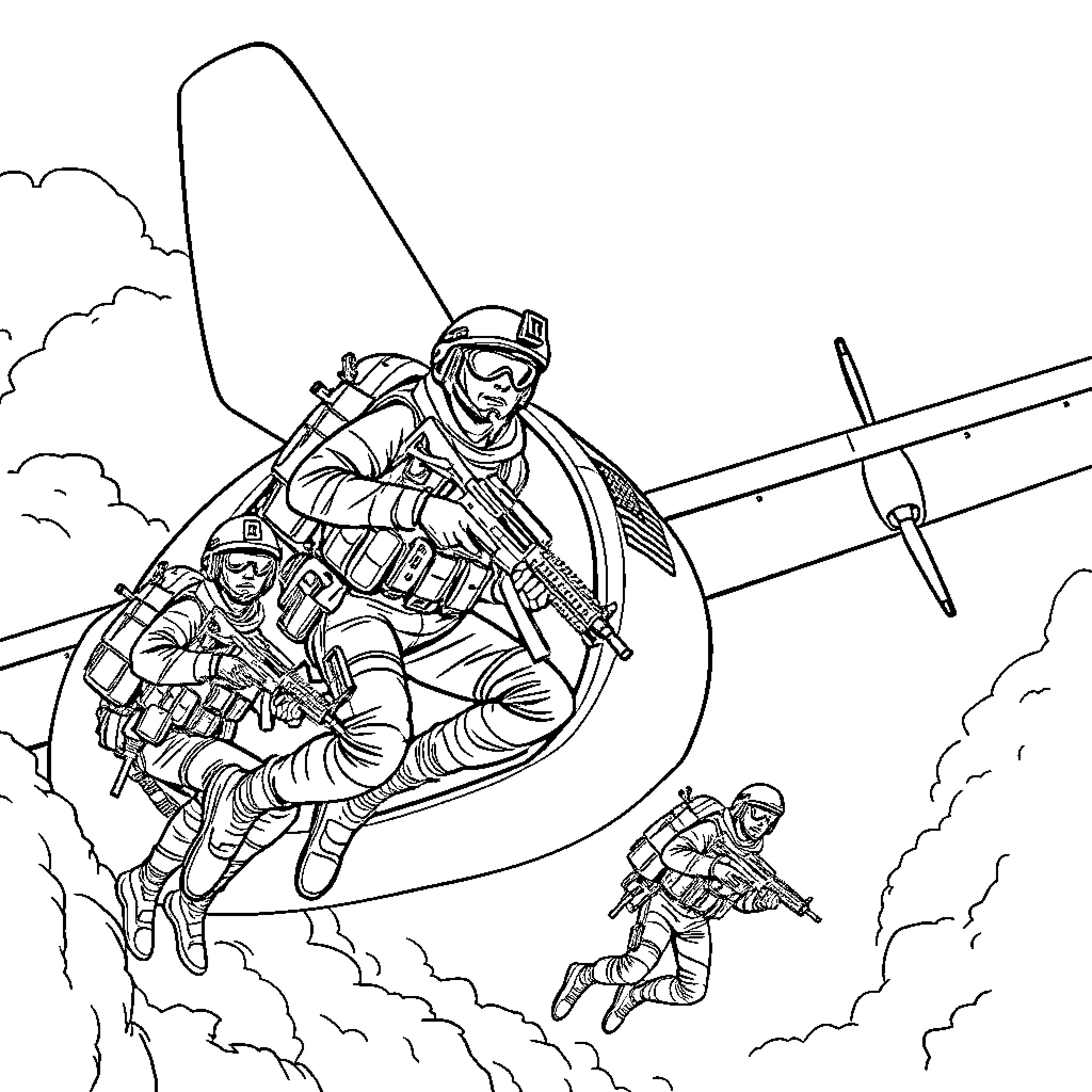 Soldiers engaged in military parachute operation Coloring Page (free black-and-white line drawing printable PDF for all, from beginners to advanced learners, including children, teens, adults, and seniors)
