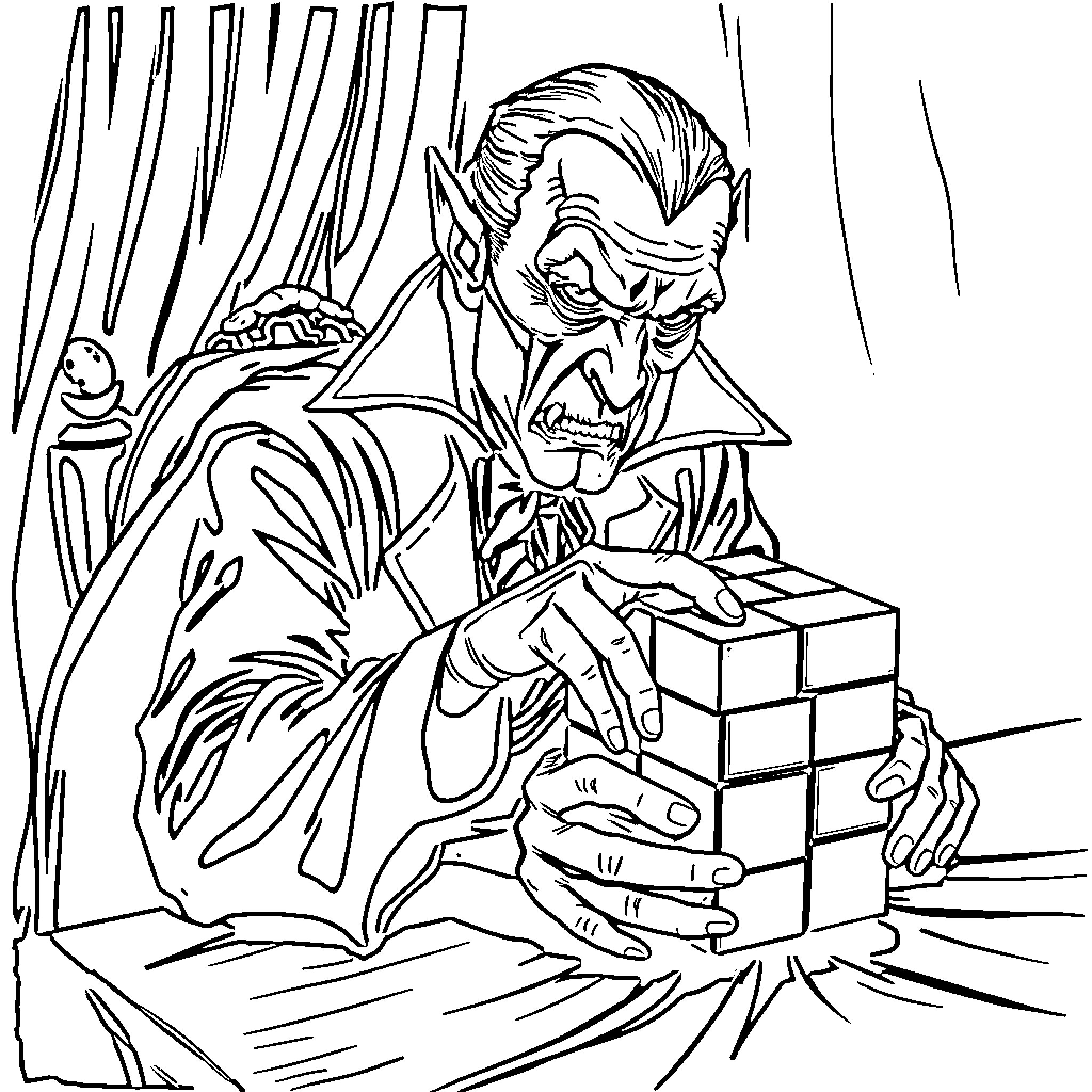 Vampire Solving Puzzle Box in Dark Chamber Coloring Page (free black-and-white line drawing printable PDF for all, from beginners to advanced learners, including children, teens, adults, and seniors)