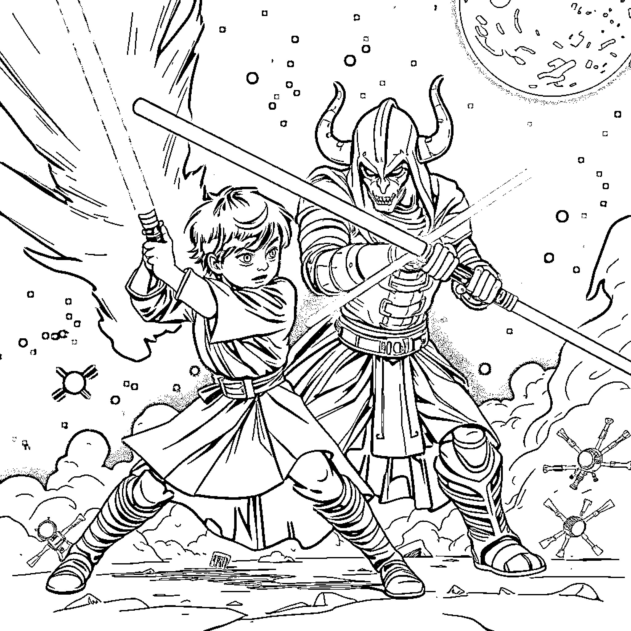 Jedi Knights in Fierce Combat on a Distant World Coloring Page (free black-and-white line drawing printable PDF for all, from beginners to advanced learners, including children, teens, adults, and seniors)