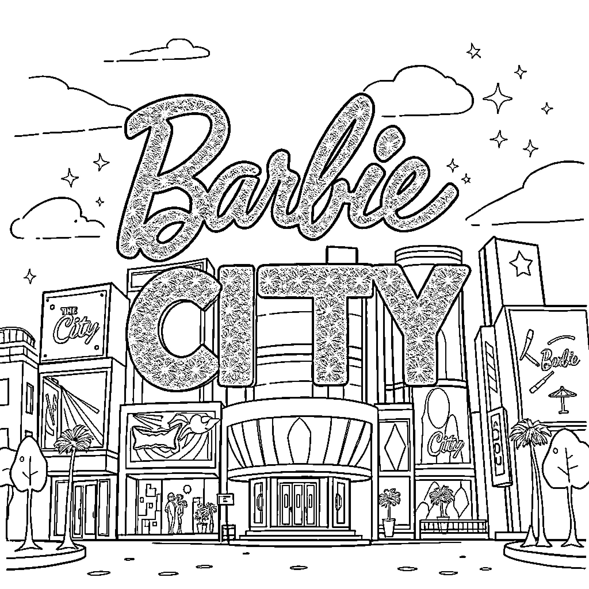 Barbie explores the Barbie City skyline Coloring Page (free black-and-white line drawing printable PDF for all, from beginners to advanced learners, including children, teens, adults, and seniors)