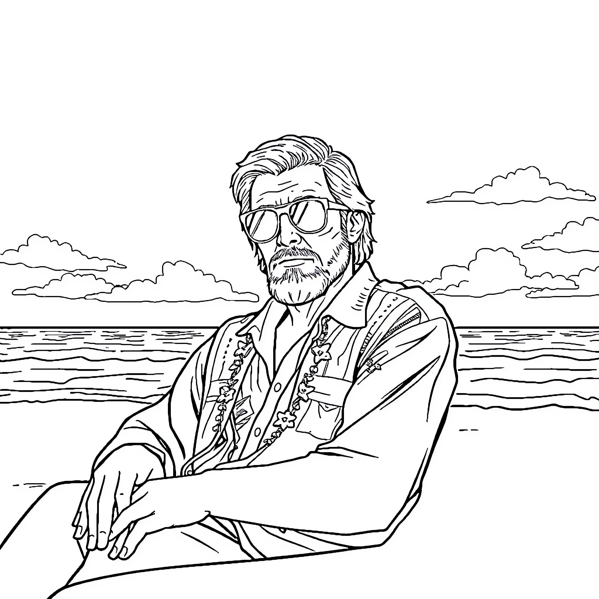 Obi-Wan relaxing by the ocean in contemplation Coloring Page (free black-and-white line drawing printable PDF for all, from beginners to advanced learners, including children, teens, adults, and seniors)