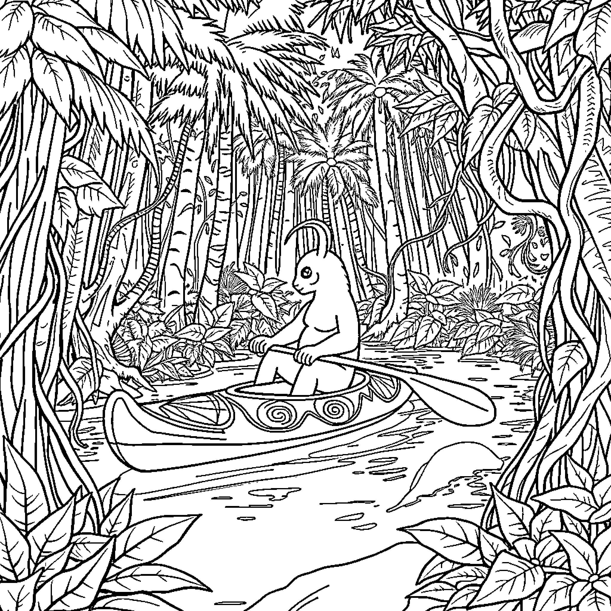 Uranus Creature Exploring Tropical Jungle Waterway Coloring Page (free black-and-white line drawing printable PDF for all, from beginners to advanced learners, including children, teens, adults, and seniors)