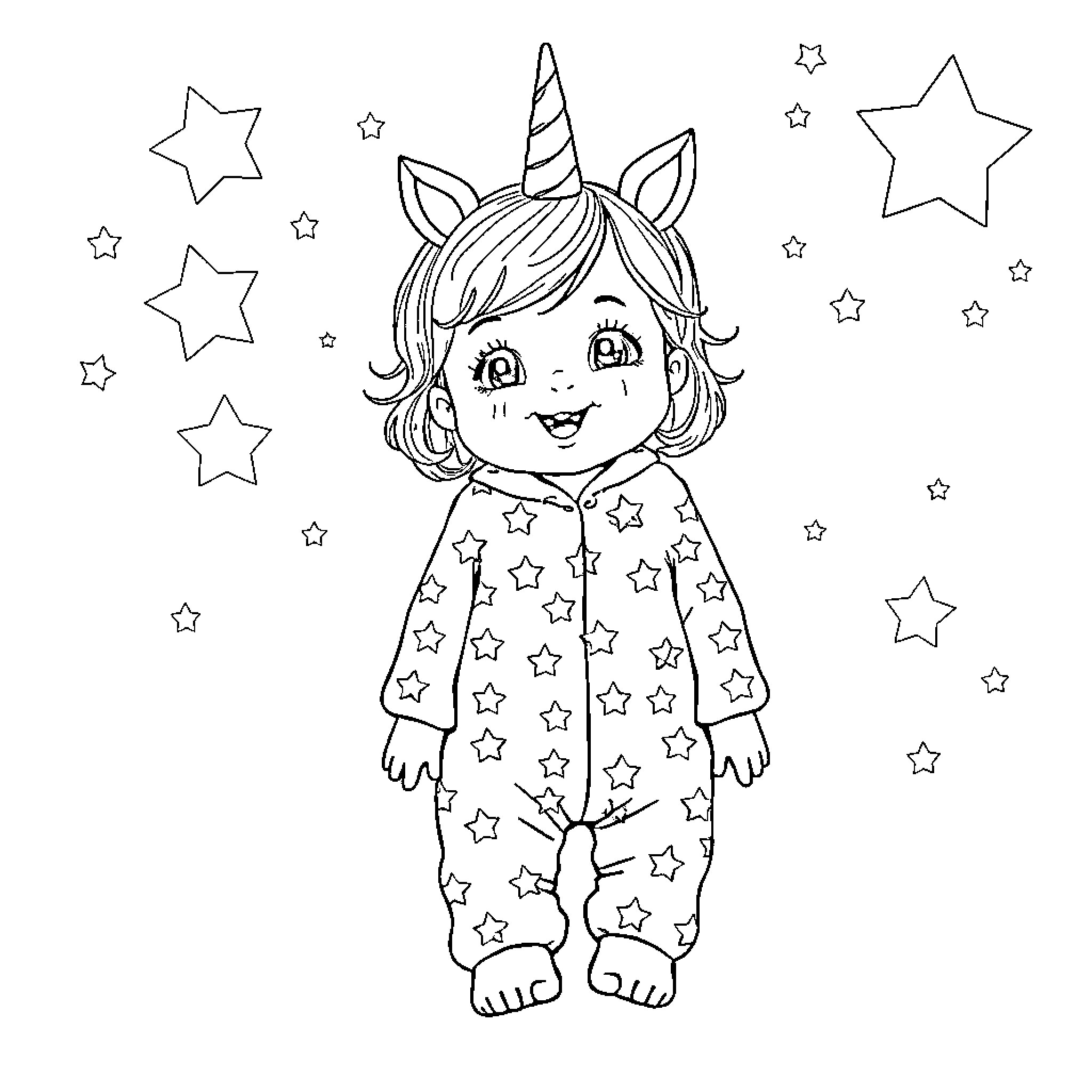 Baby Girl in Whimsical Unicorn Pajamas Coloring Page (free black-and-white line drawing printable PDF for all, from beginners to advanced learners, including children, teens, adults, and seniors)