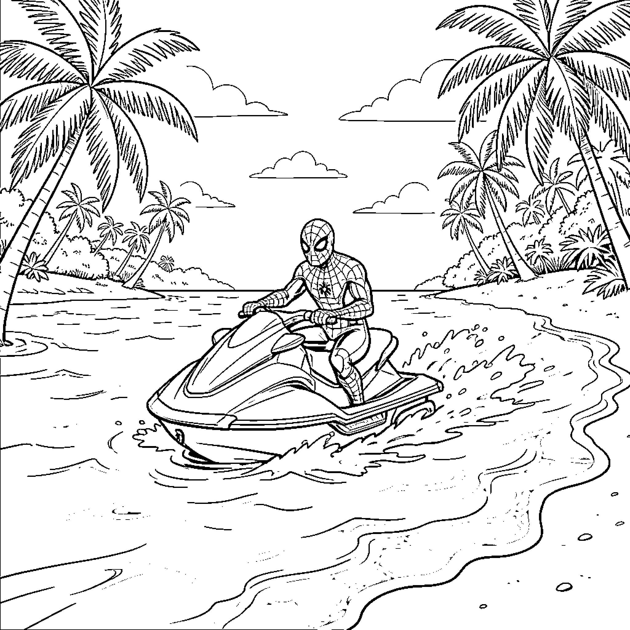 Spiderman enjoying a jet ski ride on the beach Coloring Page (free black-and-white line drawing printable PDF for all, from beginners to advanced learners, including children, teens, adults, and seniors)