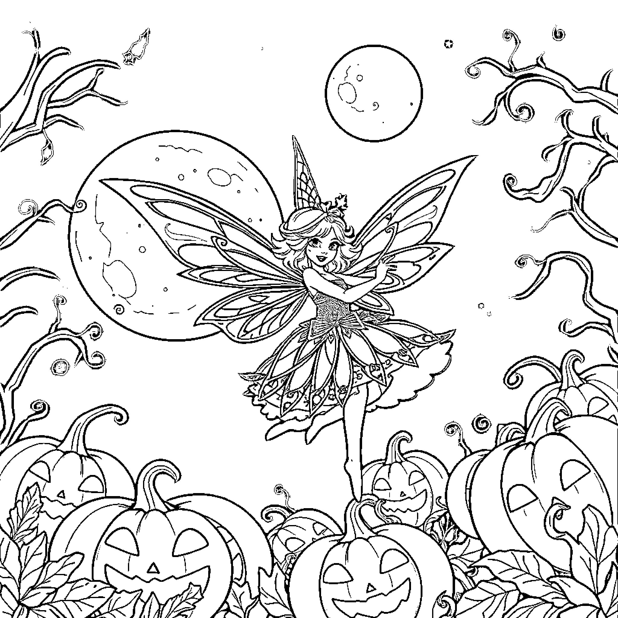 Fairy flying over pumpkins and trees Coloring Page (free black-and-white line drawing printable PDF for all, from beginners to advanced learners, including children, teens, adults, and seniors)