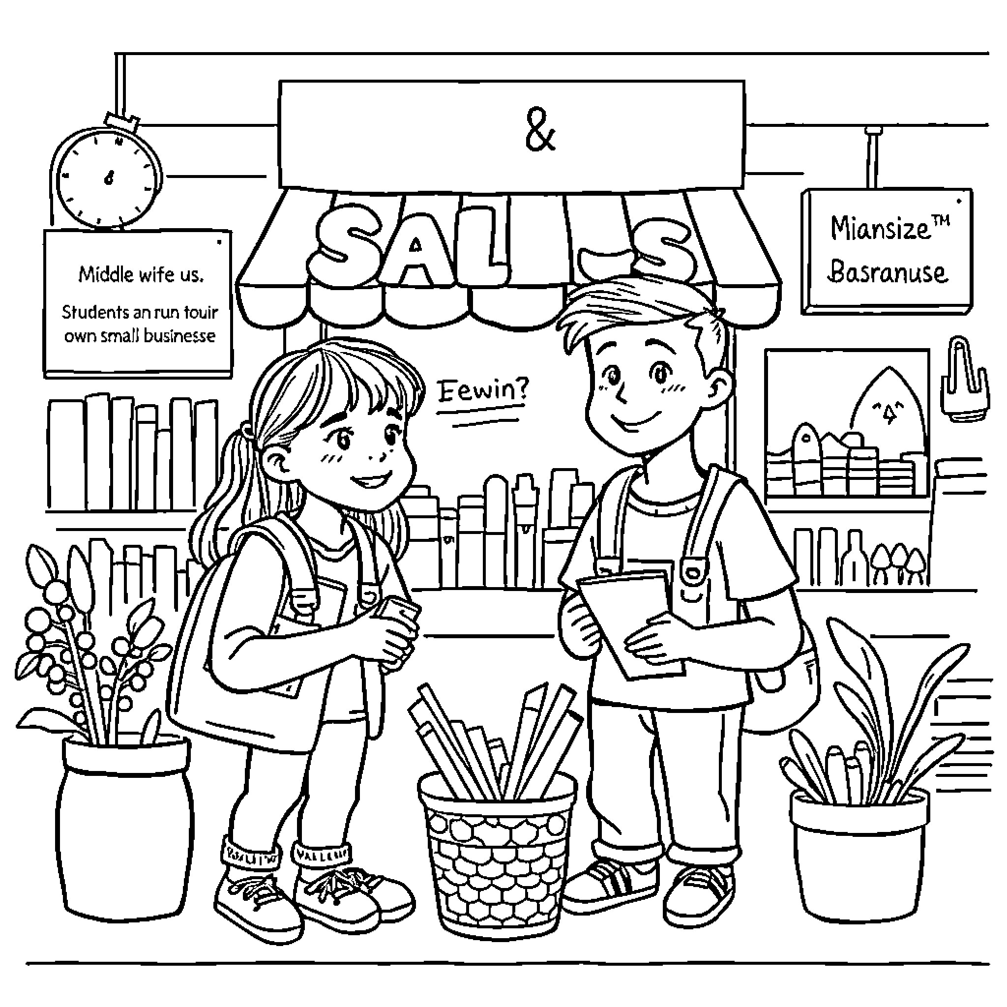 Business Owner Interacting with Customers in Retail Store Coloring Page (free black-and-white line drawing printable PDF for all, from beginners to advanced learners, including children, teens, adults, and seniors)