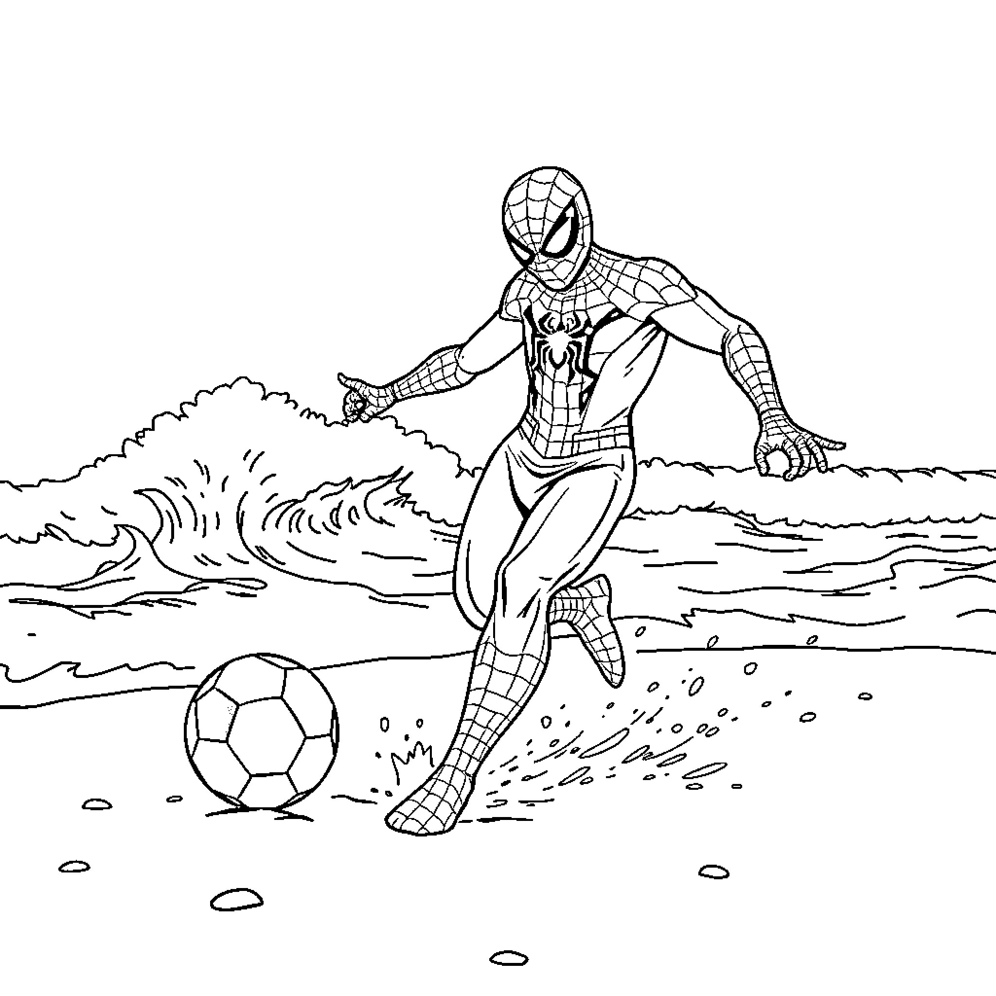 Spiderman playing with a soccer ball on the beach Coloring Page (free black-and-white line drawing printable PDF for all, from beginners to advanced learners, including children, teens, adults, and seniors)