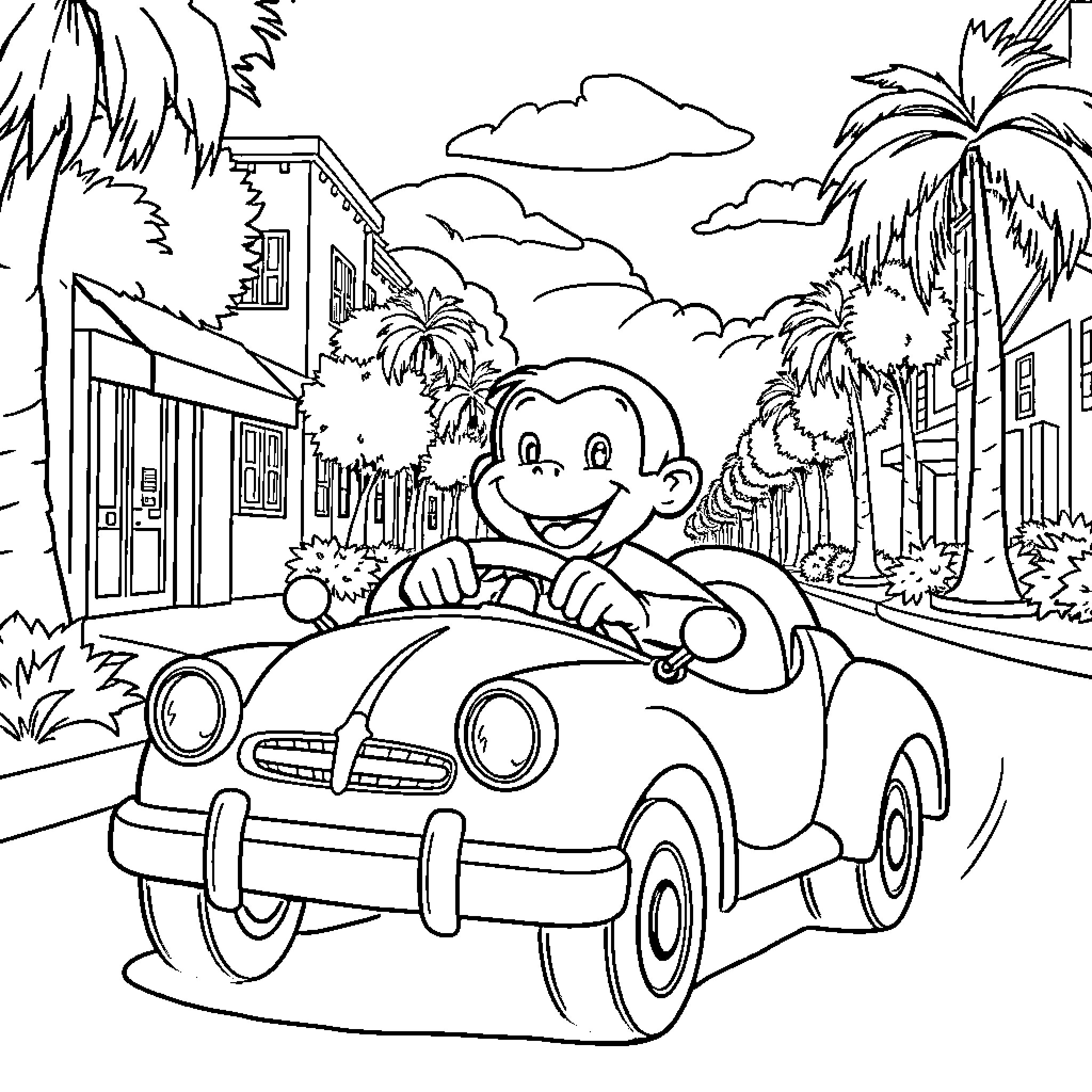 Curious George driving his car in a tropical town Coloring Page (free black-and-white line drawing printable PDF for all, from beginners to advanced learners, including children, teens, adults, and seniors)