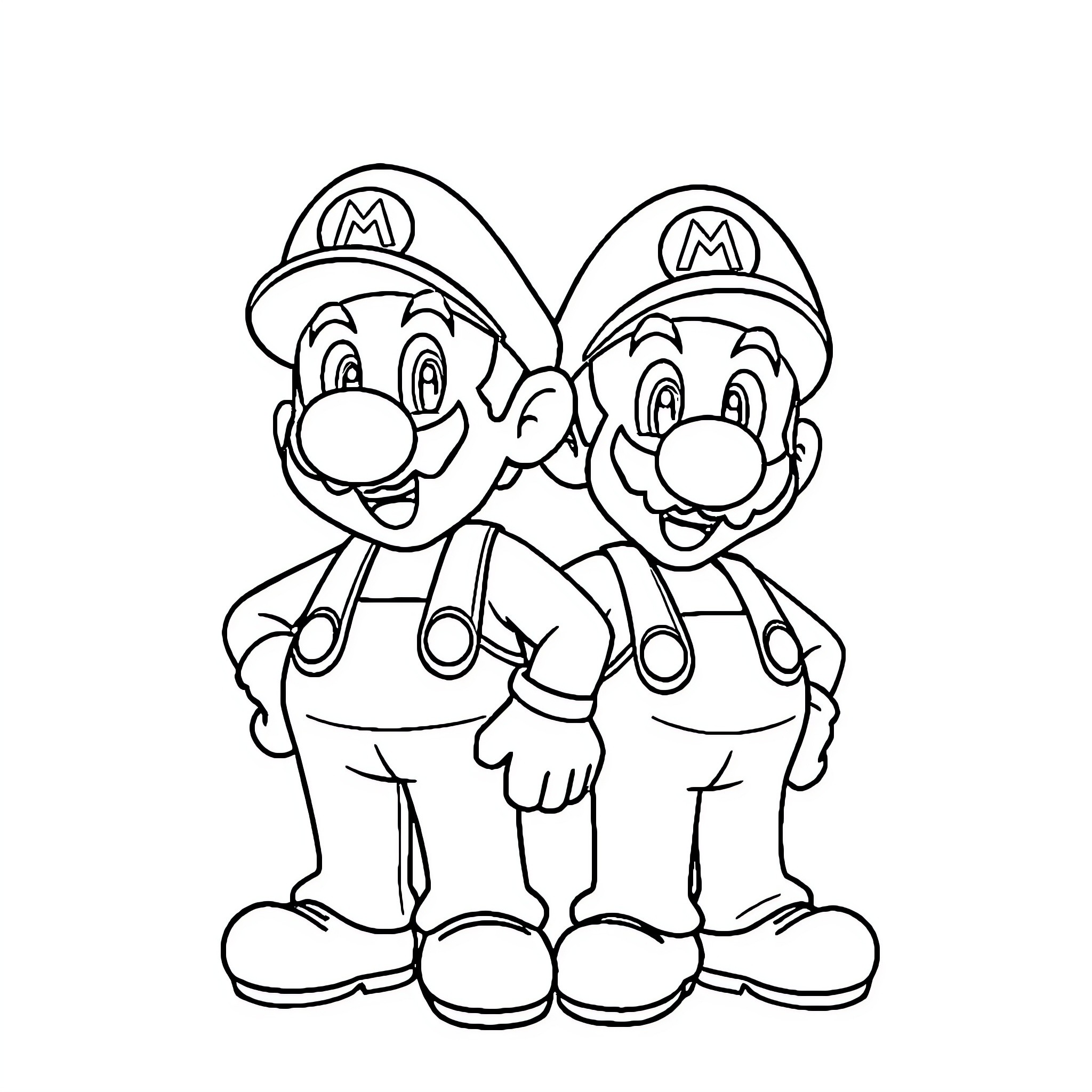 Mario Brothers in Playful Pose Coloring Page (free black-and-white line drawing printable PDF for all, from beginners to advanced learners, including children, teens, adults, and seniors)