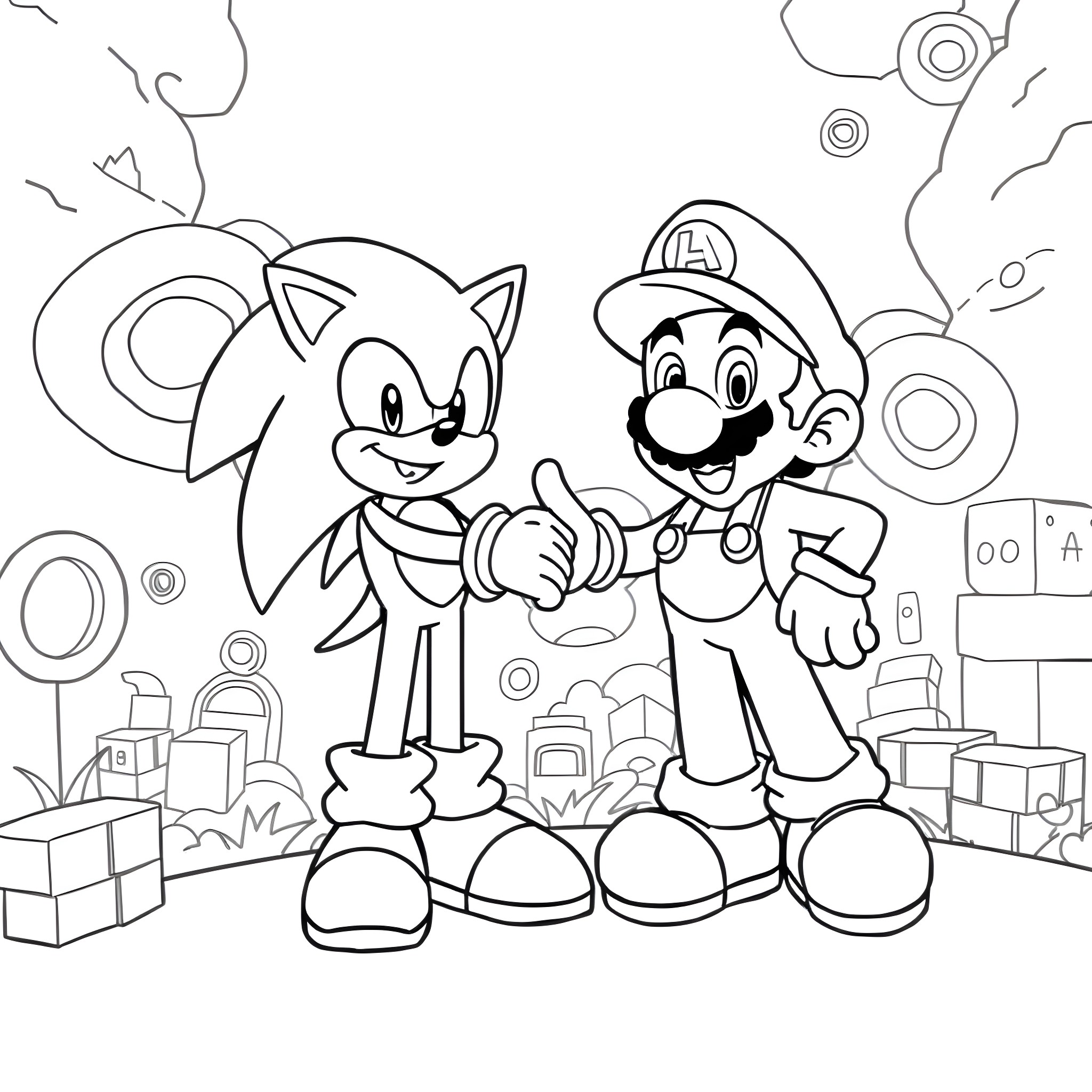 Sonic and Mario's Playful Adventure Coloring Page (free black-and-white line drawing printable PDF for all, from beginners to advanced learners, including children, teens, adults, and seniors)