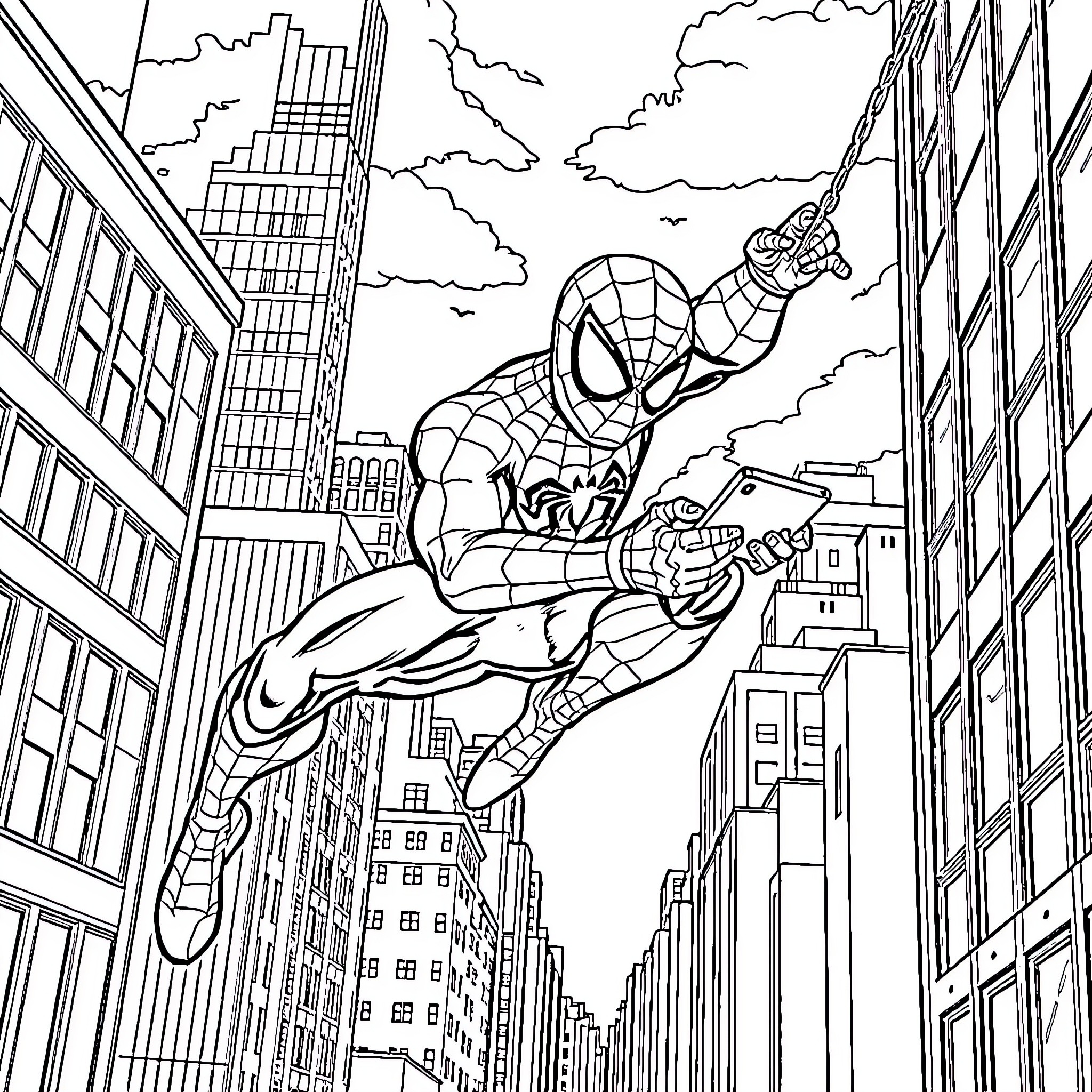 Spiderman swinging through the city skyscrapers Coloring Page (free black-and-white line drawing printable PDF for all, from beginners to advanced learners, including children, teens, adults, and seniors)