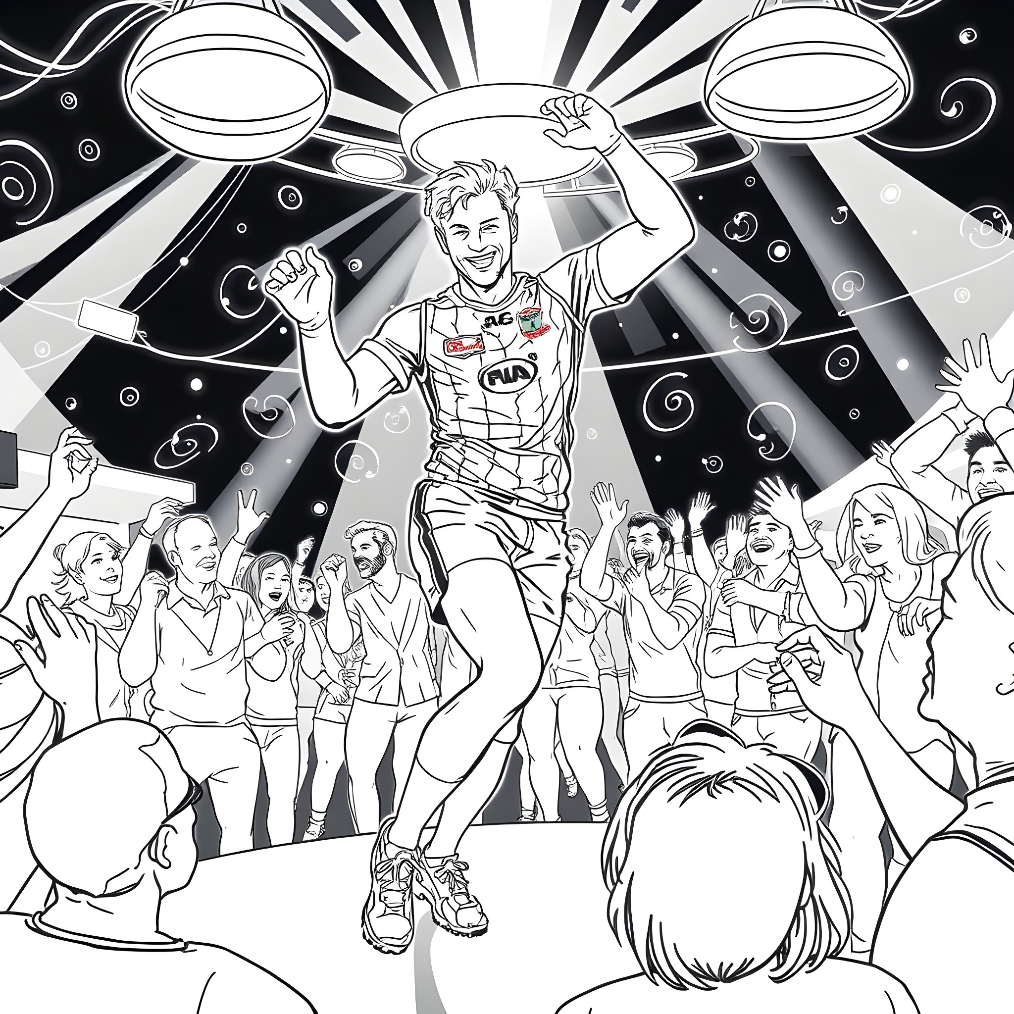 Fremantle Dockers Player Celebrates with Fans Coloring Page (free black-and-white line drawing printable PDF for all, from beginners to advanced learners, including children, teens, adults, and seniors)