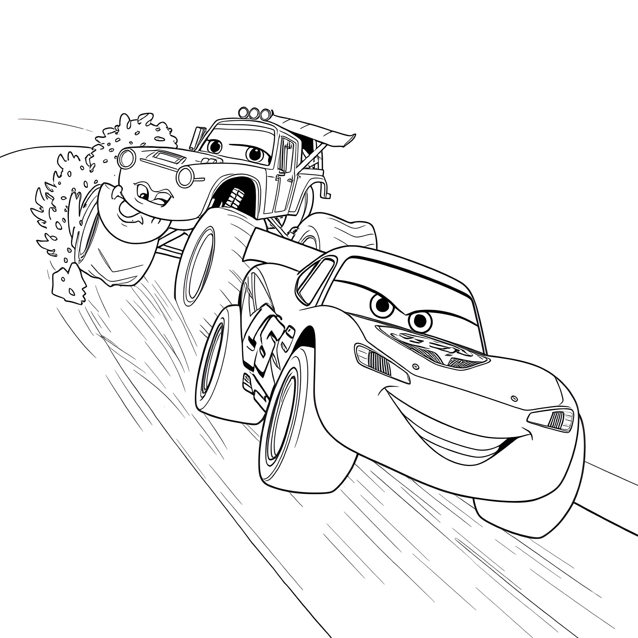 Lightning McQueen Racing with Friends Coloring Page (free black-and-white line drawing printable PDF for all, from beginners to advanced learners, including children, teens, adults, and seniors)