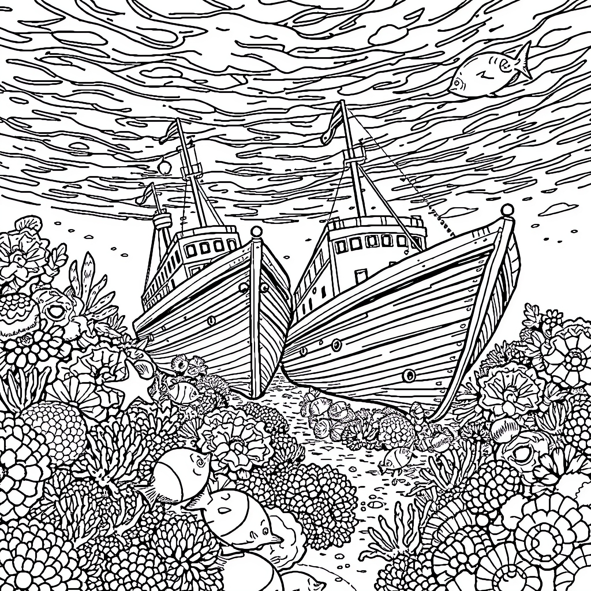 Ship sailing across the ocean with vibrant underwater scene Coloring Page (free black-and-white line drawing printable PDF for all, from beginners to advanced learners, including children, teens, adults, and seniors)