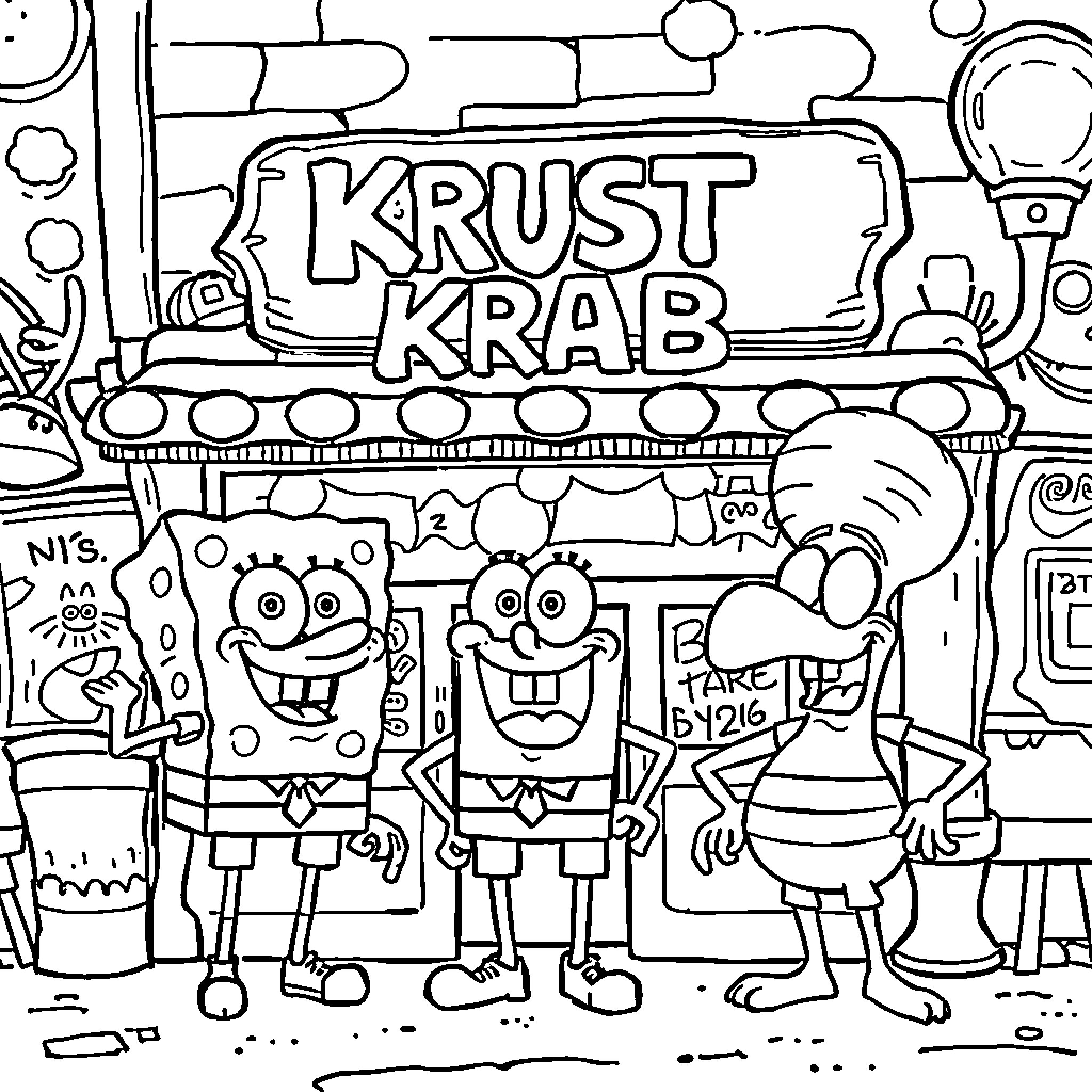 Spongebob and friends at the Krust Krab restaurant Coloring Page (free black-and-white line drawing printable PDF for all, from beginners to advanced learners, including children, teens, adults, and seniors)