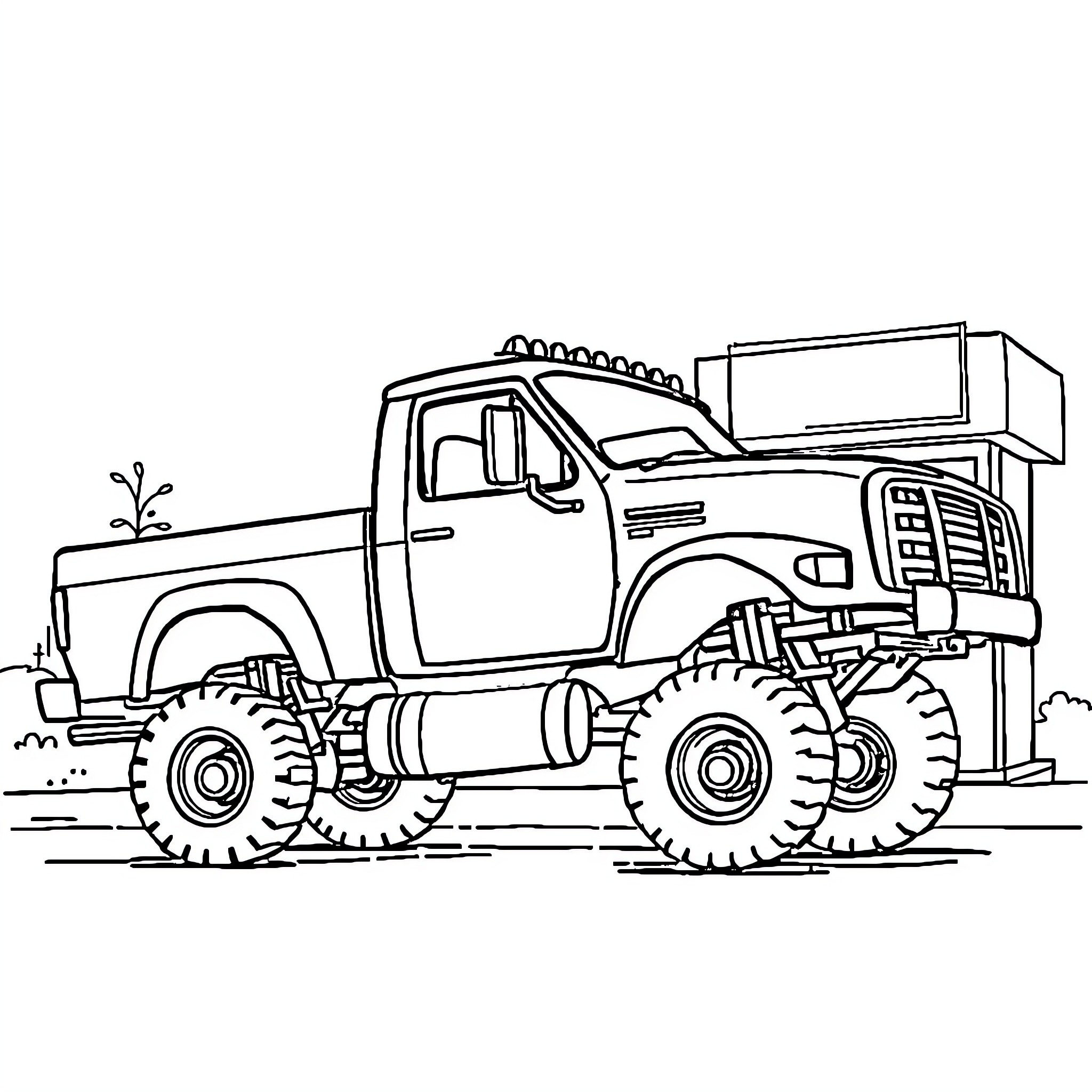 Truck with large off-road tires on rugged terrain Coloring Page (free black-and-white line drawing printable PDF for all, from beginners to advanced learners, including children, teens, adults, and seniors)