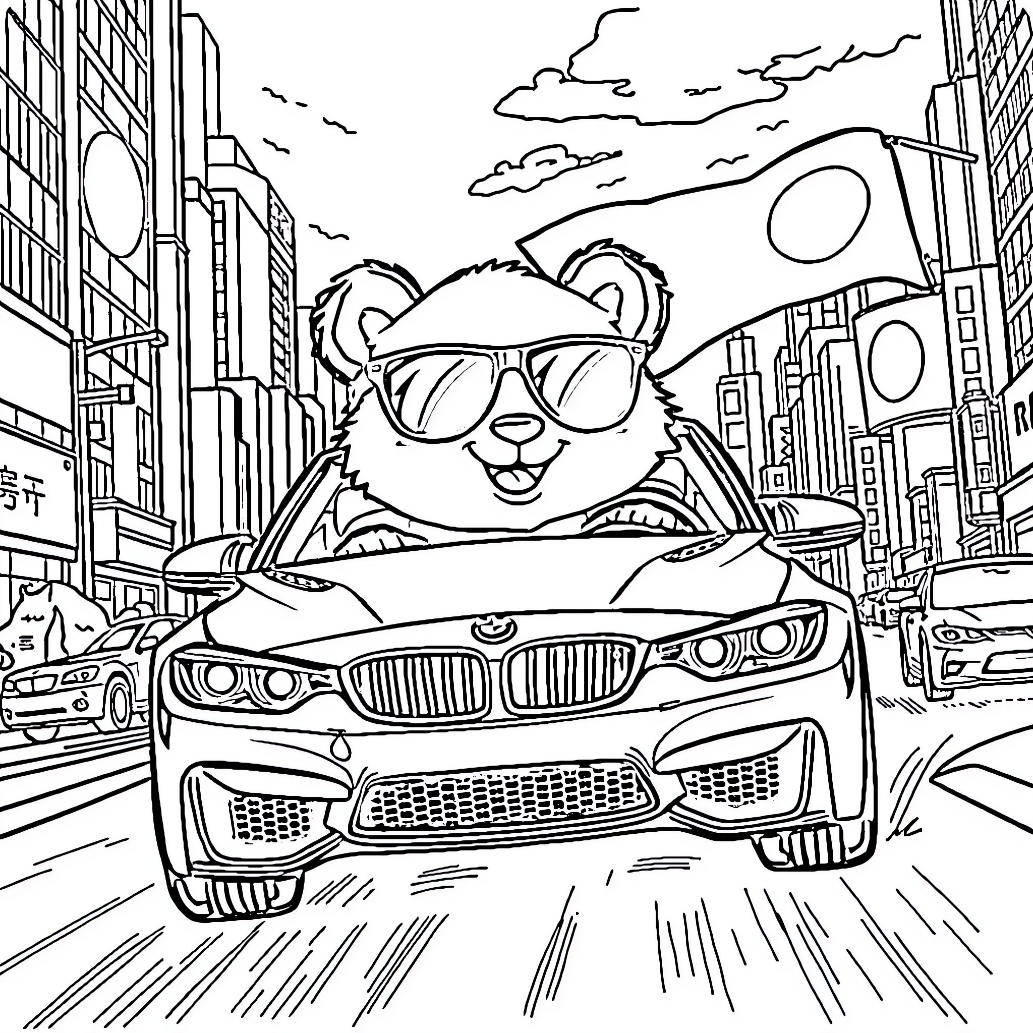 Panda driving a sports car through the city Coloring Page (free black-and-white line drawing printable PDF for all, from beginners to advanced learners, including children, teens, adults, and seniors)