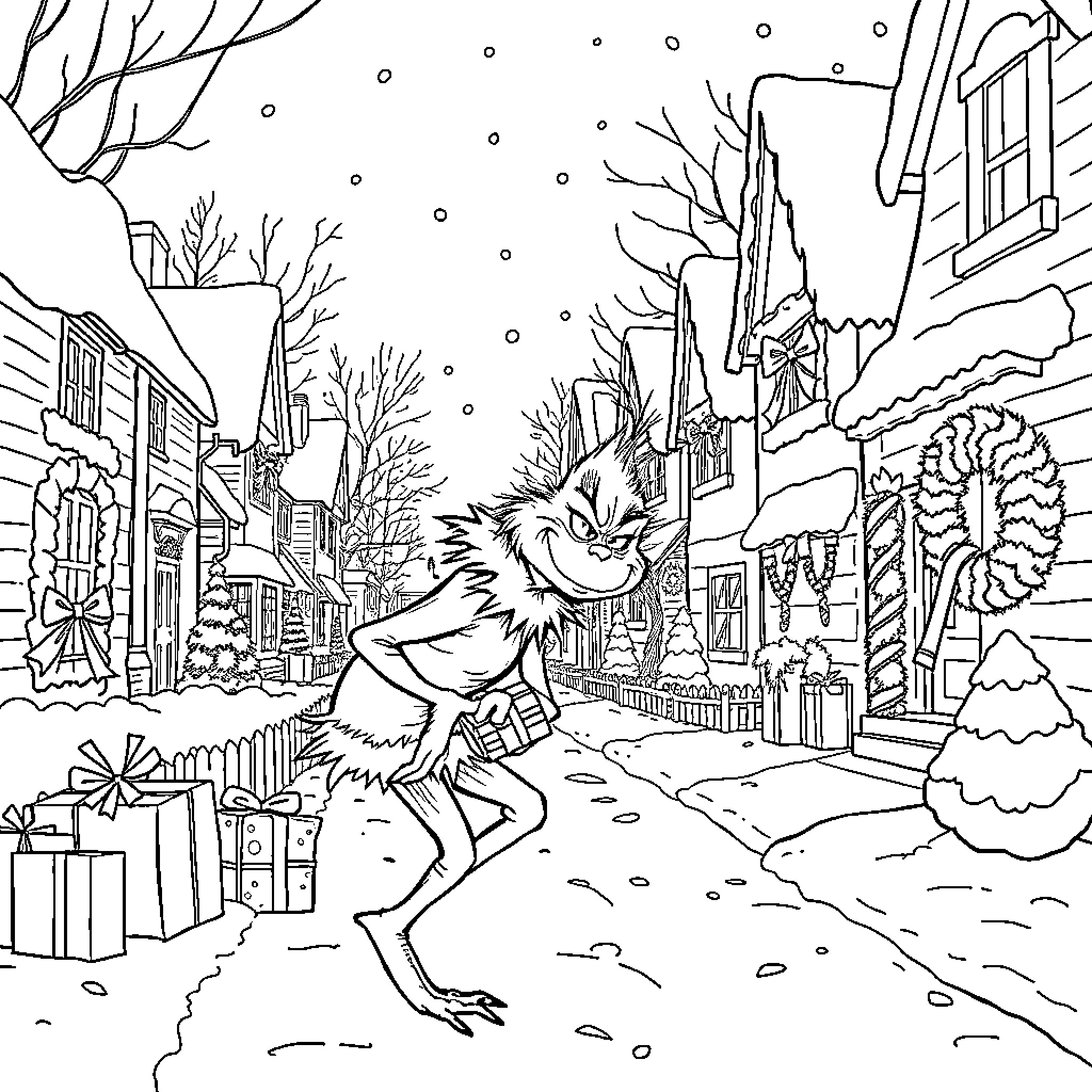Grinch's Mischievous Escapades in the Winter Wonderland Coloring Page (free black-and-white line drawing printable PDF for all, from beginners to advanced learners, including children, teens, adults, and seniors)