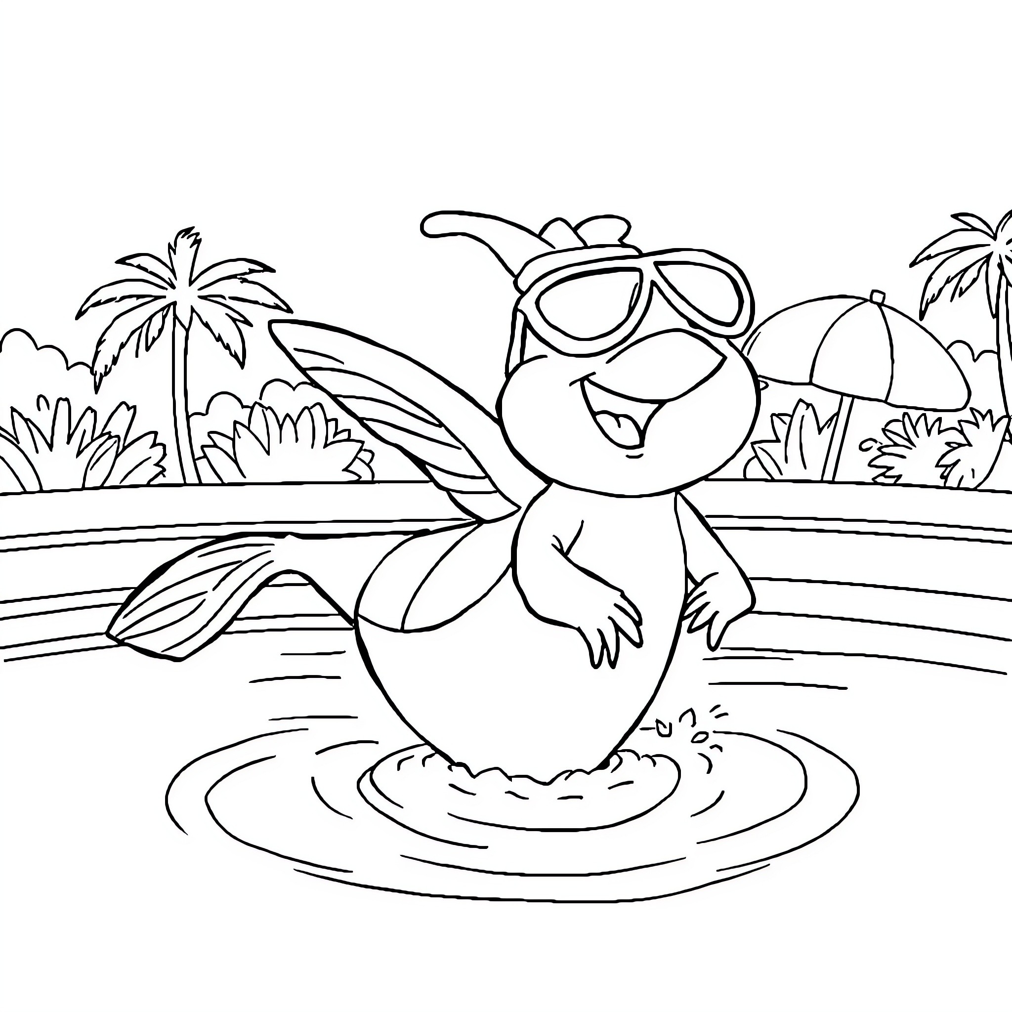 Paw Patrol characters enjoying tropical beach scene Coloring Page (free black-and-white line drawing printable PDF for all, from beginners to advanced learners, including children, teens, adults, and seniors)