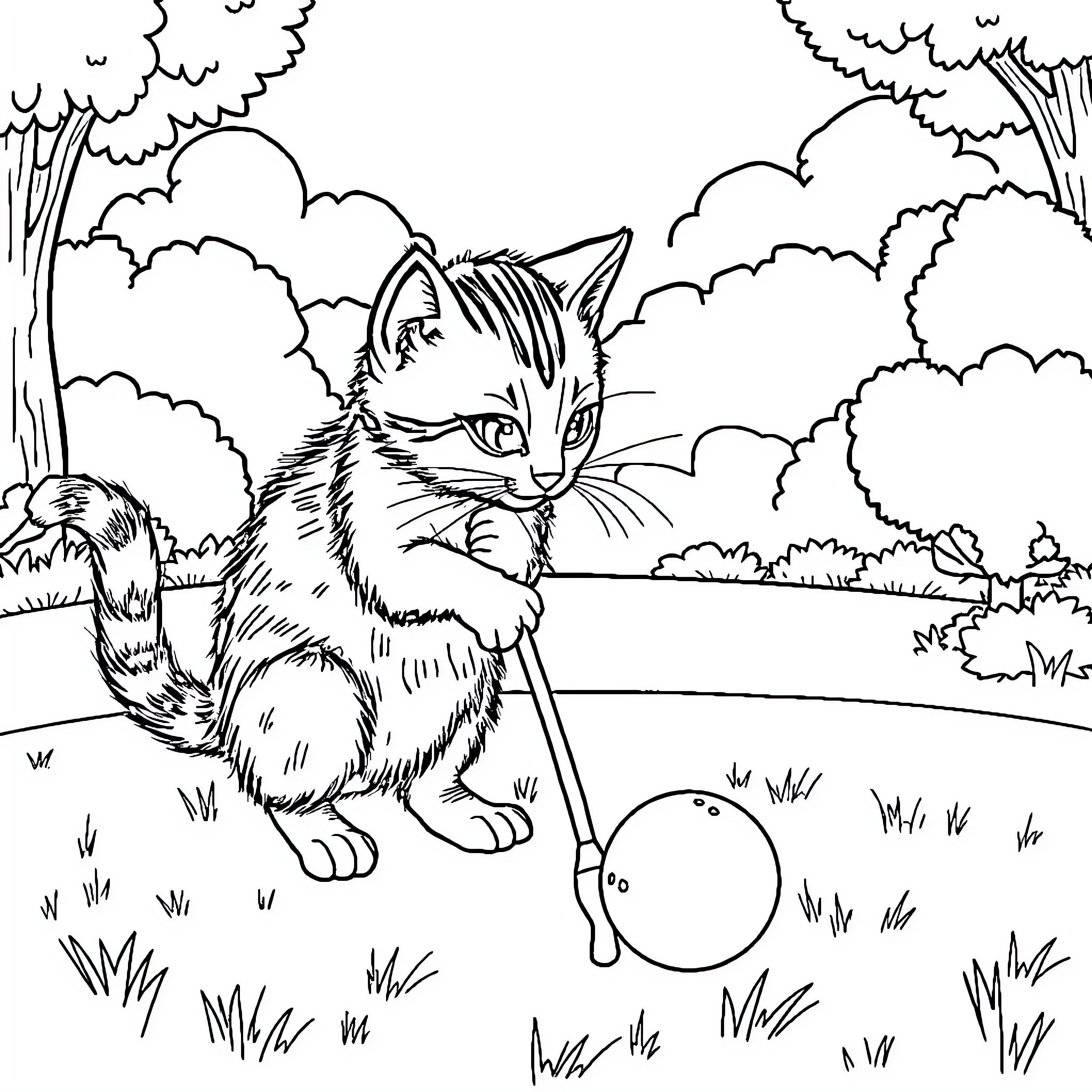 Cat playing with ball in forest Coloring Page (free black-and-white line drawing printable PDF for all, from beginners to advanced learners, including children, teens, adults, and seniors)