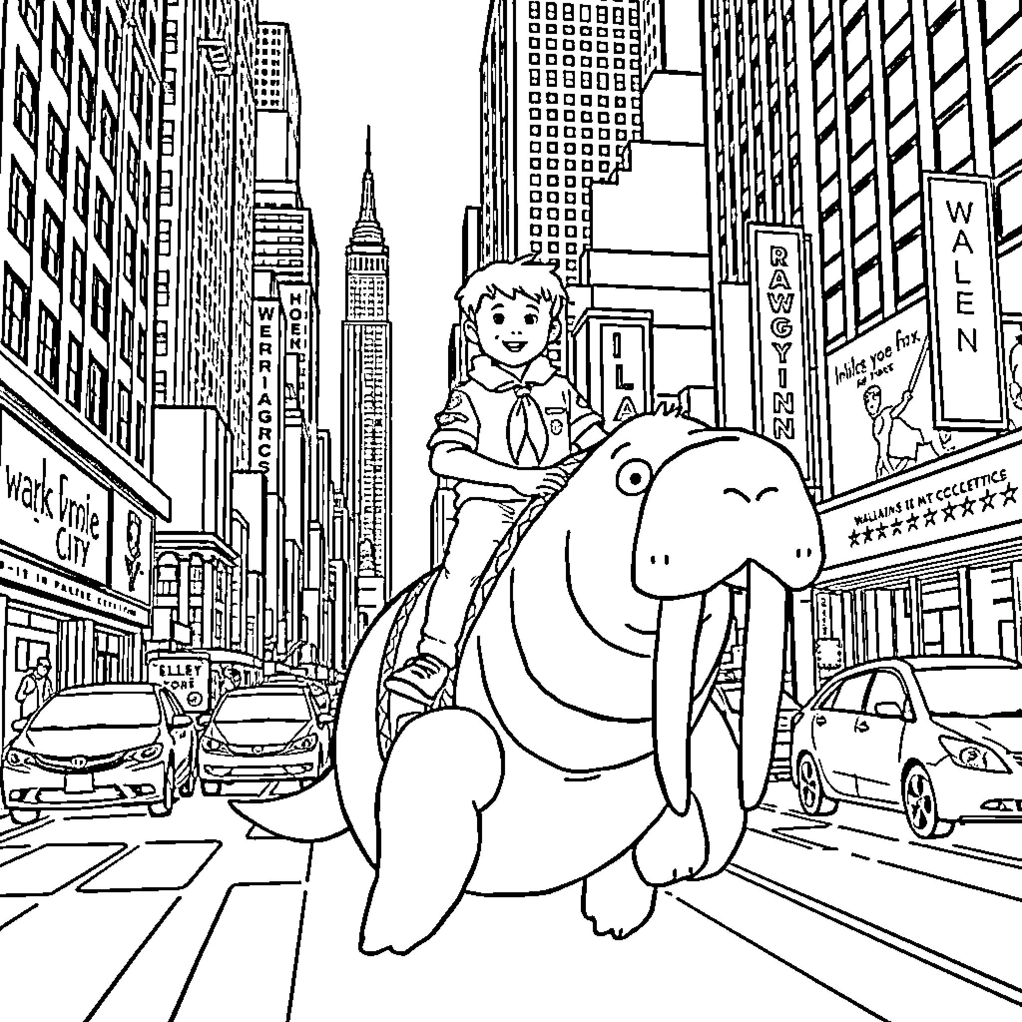 Boy Scout Rides Giant Bunny Through New York City Coloring Page (free black-and-white line drawing printable PDF for all, from beginners to advanced learners, including children, teens, adults, and seniors)