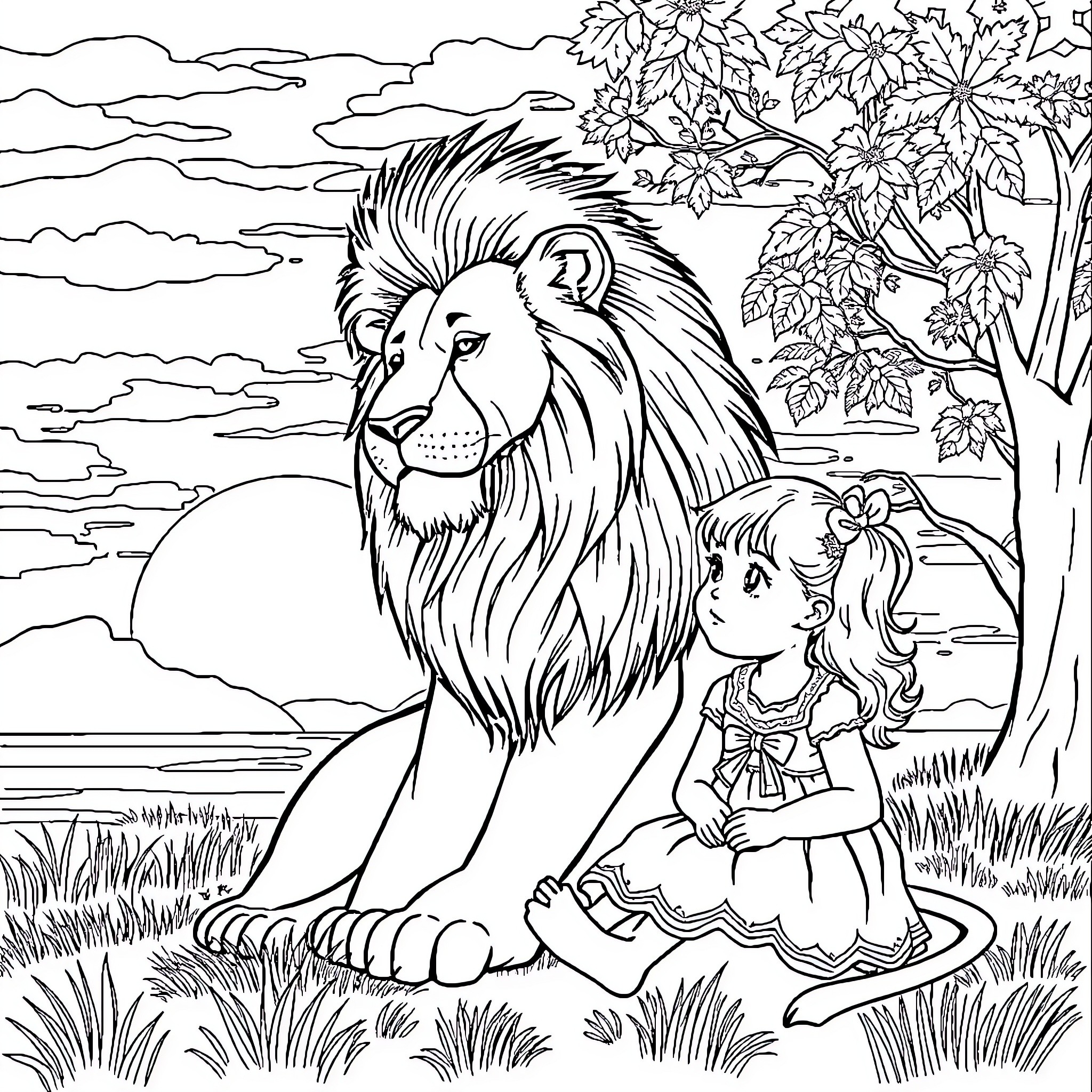 Lion and Girl in Enchanted Forest Coloring Page (free black-and-white line drawing printable PDF for all, from beginners to advanced learners, including children, teens, adults, and seniors)