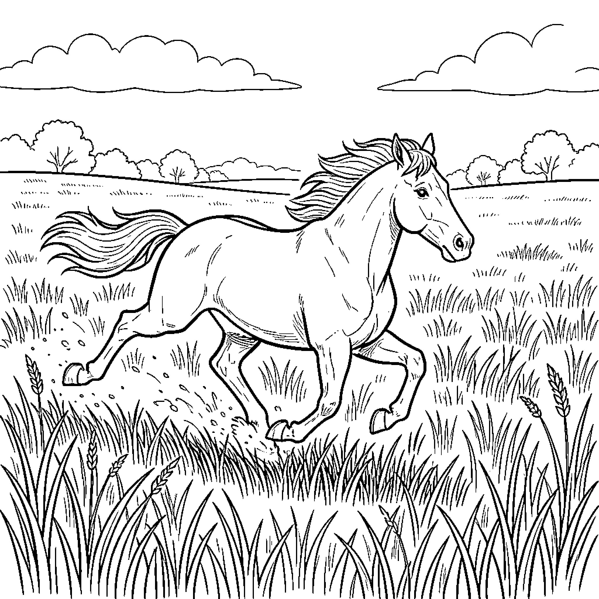 Horse galloping freely through a grassy meadow Coloring Page (free black-and-white line drawing printable PDF for all, from beginners to advanced learners, including children, teens, adults, and seniors)