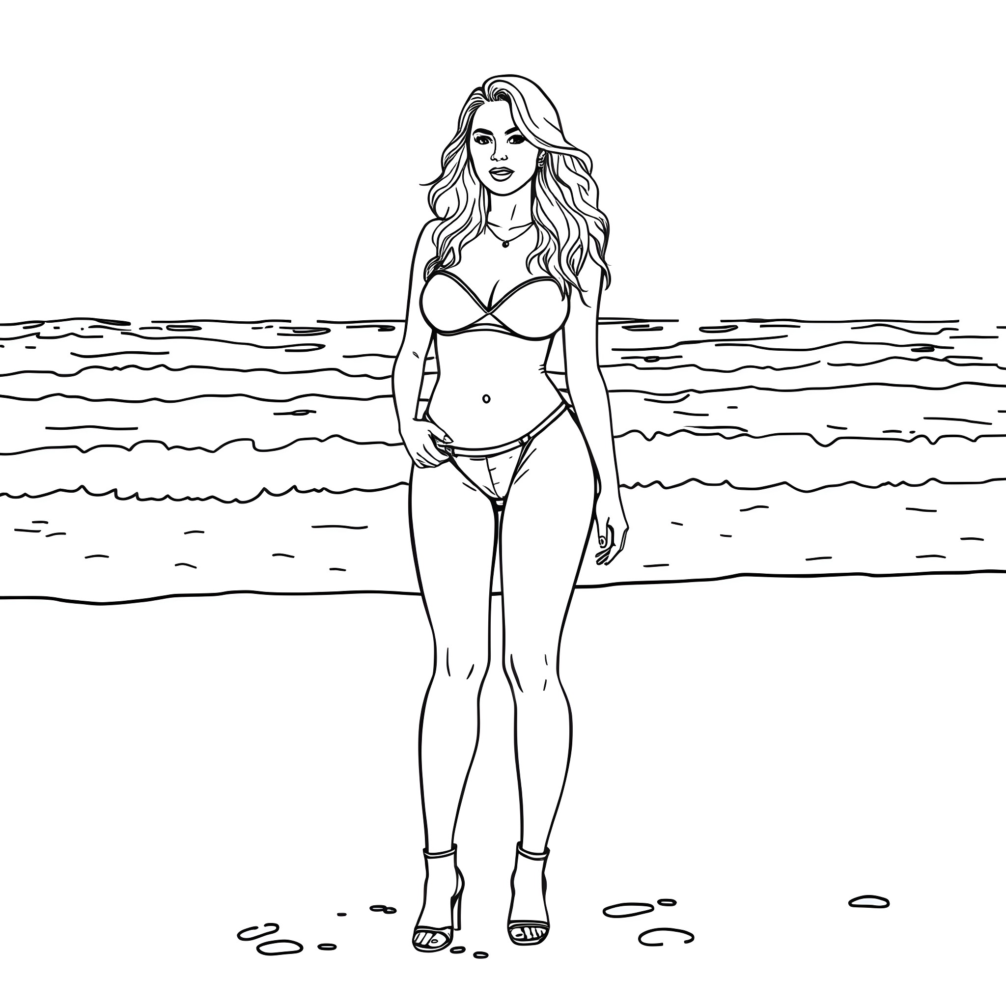 Christina Aguilera posing confidently in a swimsuit on the beach Coloring Page (free black-and-white line drawing printable PDF for all, from beginners to advanced learners, including children, teens, adults, and seniors)