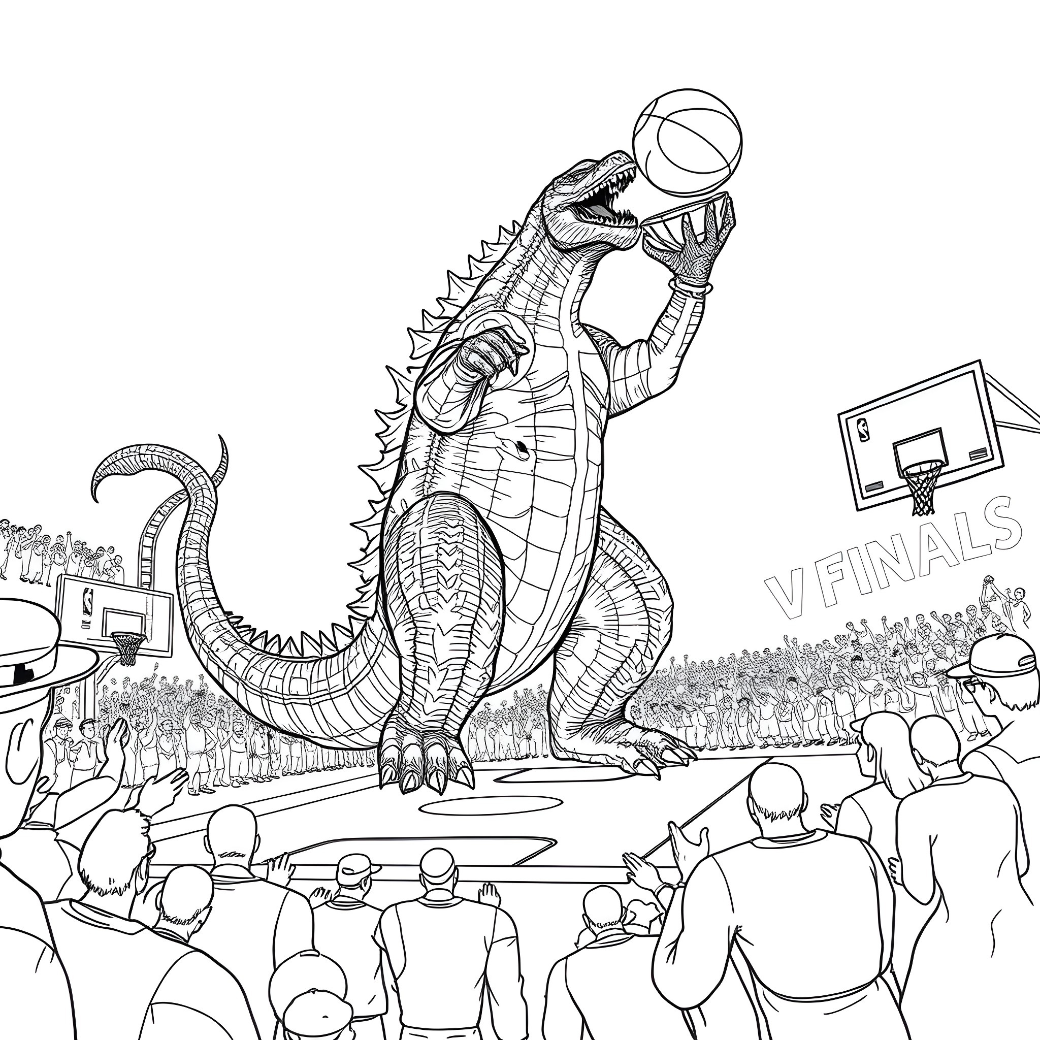 Godzilla playing basketball with spectators at a game Coloring Page (free black-and-white line drawing printable PDF for all, from beginners to advanced learners, including children, teens, adults, and seniors)