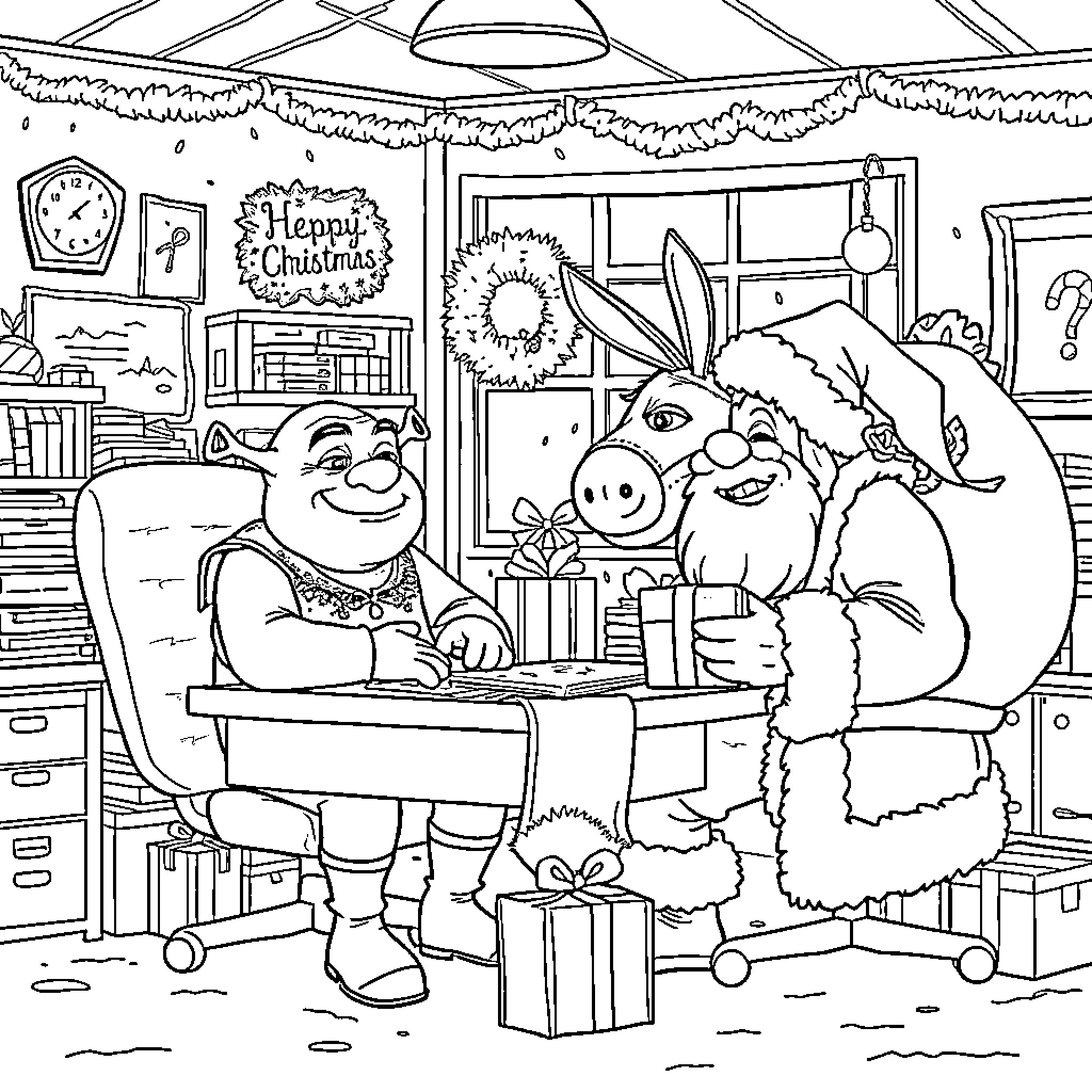Shrek and Donkey Celebrate Christmas in Office Coloring Page (free black-and-white line drawing printable PDF for all, from beginners to advanced learners, including children, teens, adults, and seniors)