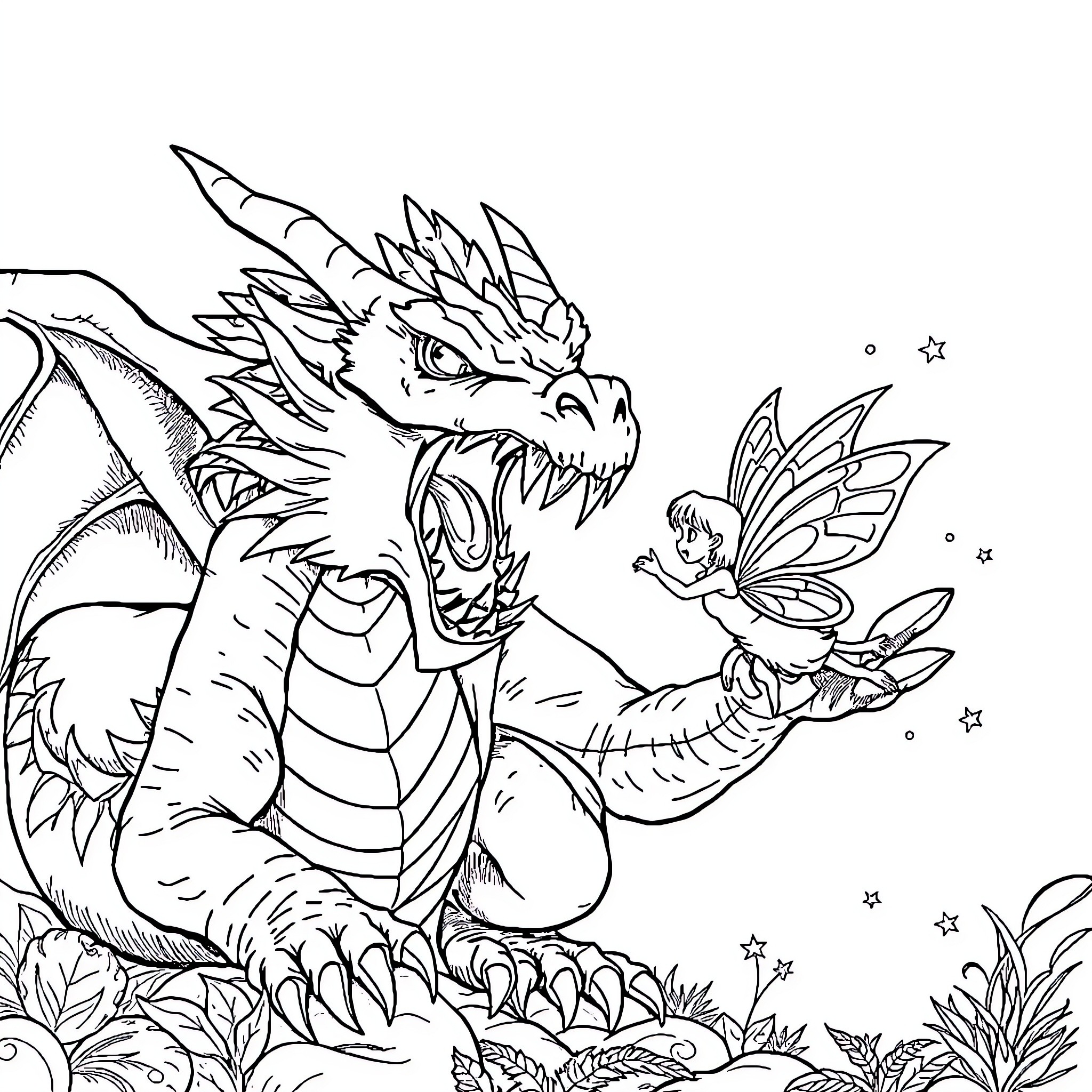 Dragon Confronting Magical Fairy Creature Coloring Page (free black-and-white line drawing printable PDF for all, from beginners to advanced learners, including children, teens, adults, and seniors)