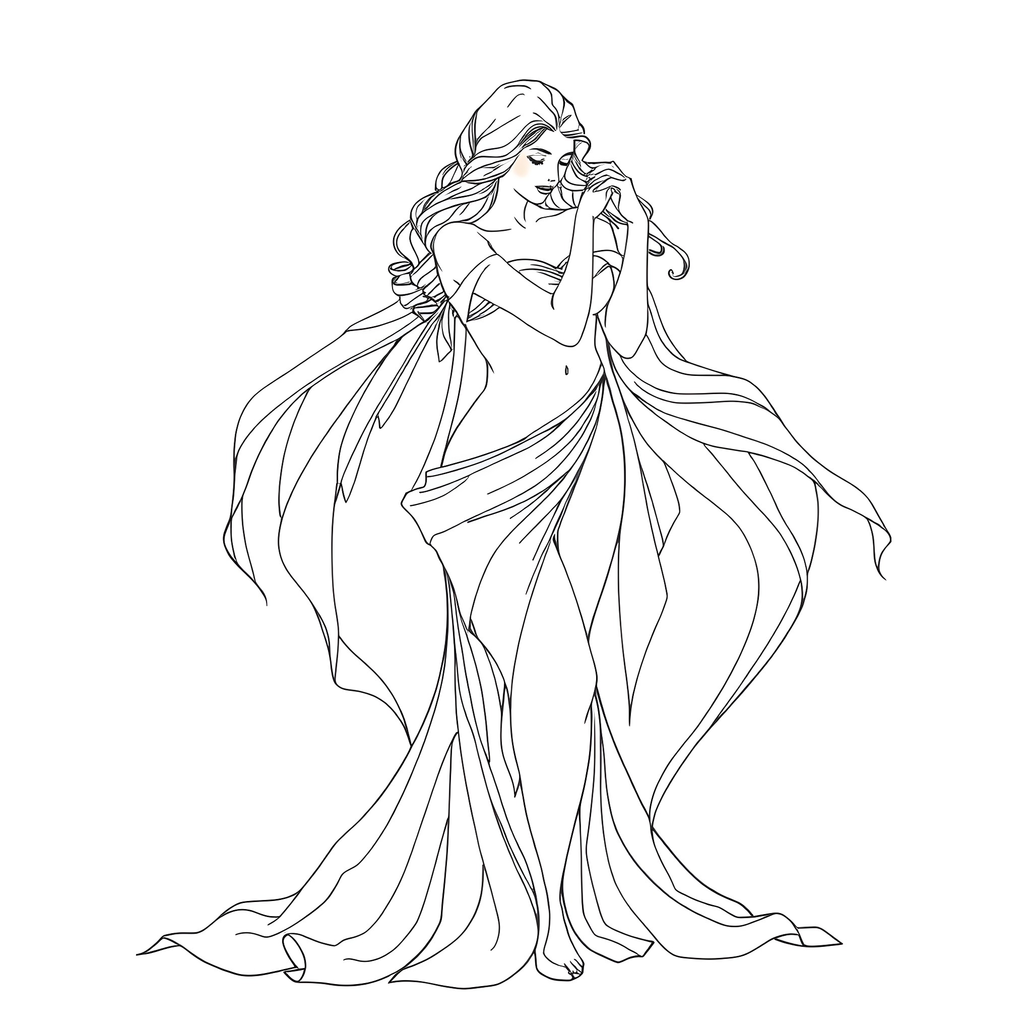 Woman in Elegant Flowing Dress Coloring Page (free black-and-white line drawing printable PDF for all, from beginners to advanced learners, including children, teens, adults, and seniors)