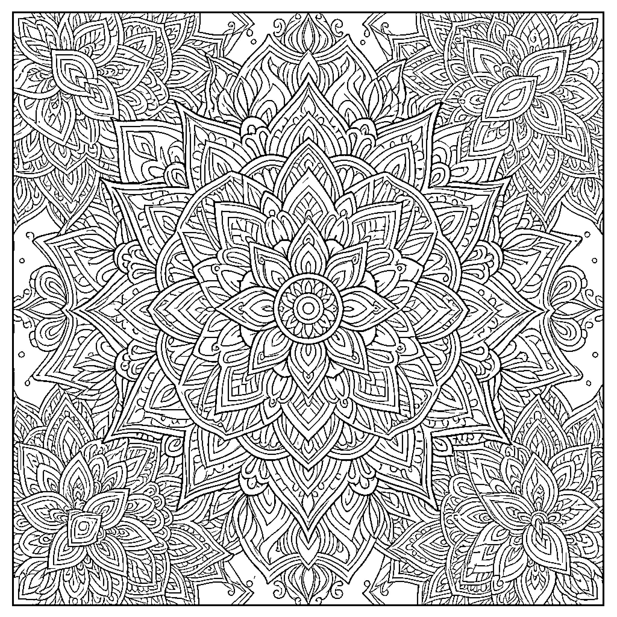 Mandalas featuring intricate floral patterns and symmetrical designs Coloring Page (free black-and-white line drawing printable PDF for all, from beginners to advanced learners, including children, teens, adults, and seniors)