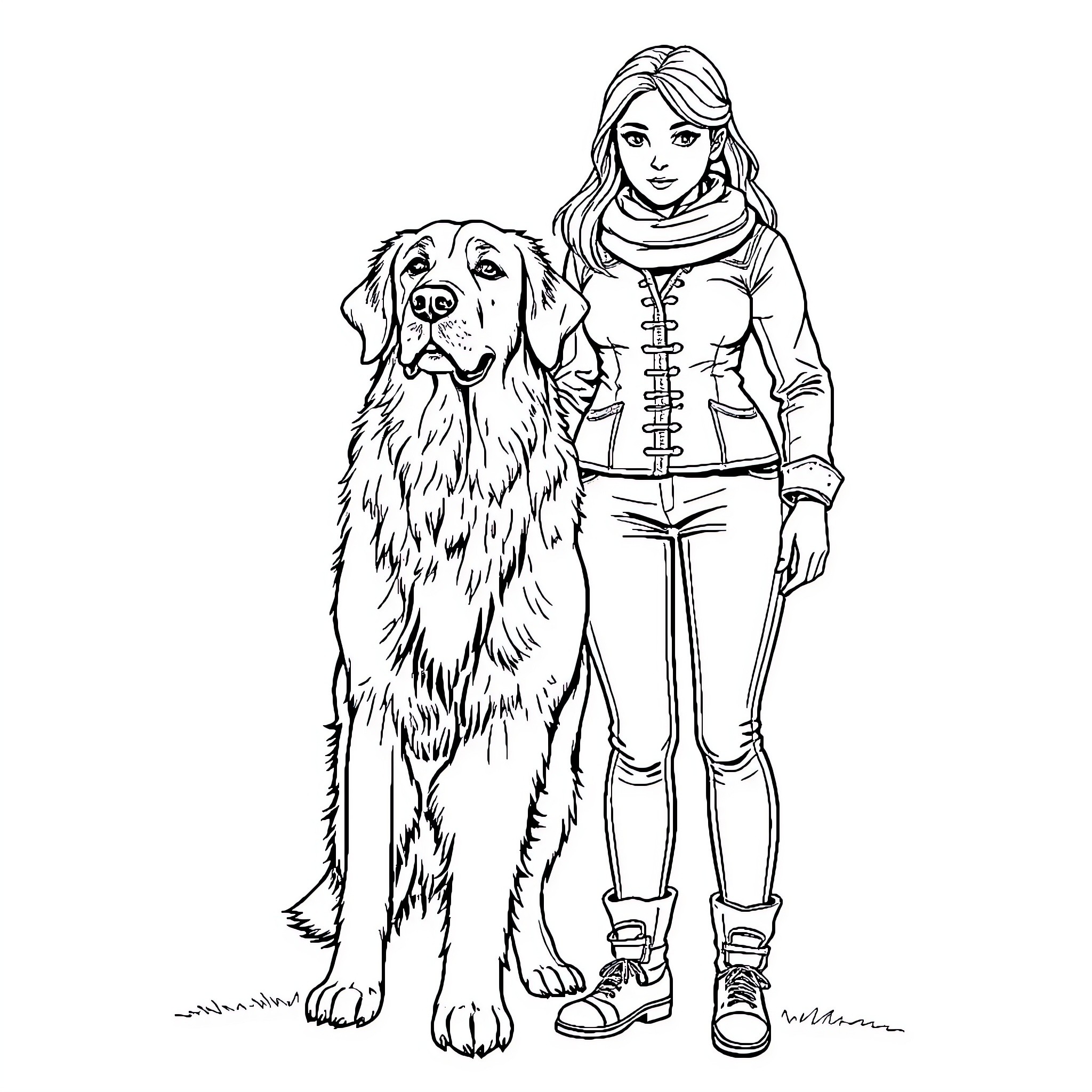 Golden Retriever and Owner Exploring Together Coloring Page (free black-and-white line drawing printable PDF for all, from beginners to advanced learners, including children, teens, adults, and seniors)