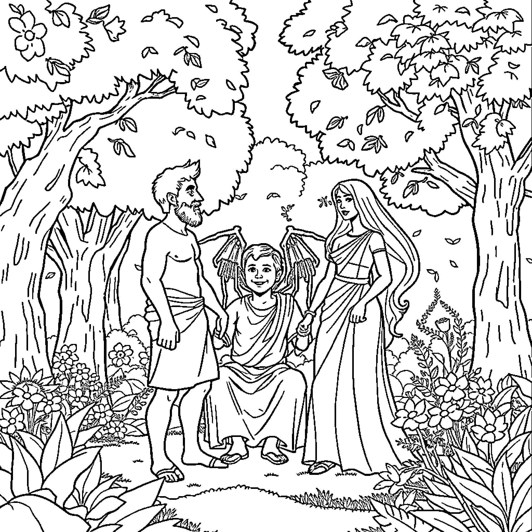 Adam and Eve with their son in the Garden of Eden Coloring Page (free black-and-white line drawing printable PDF for all, from beginners to advanced learners, including children, teens, adults, and seniors)