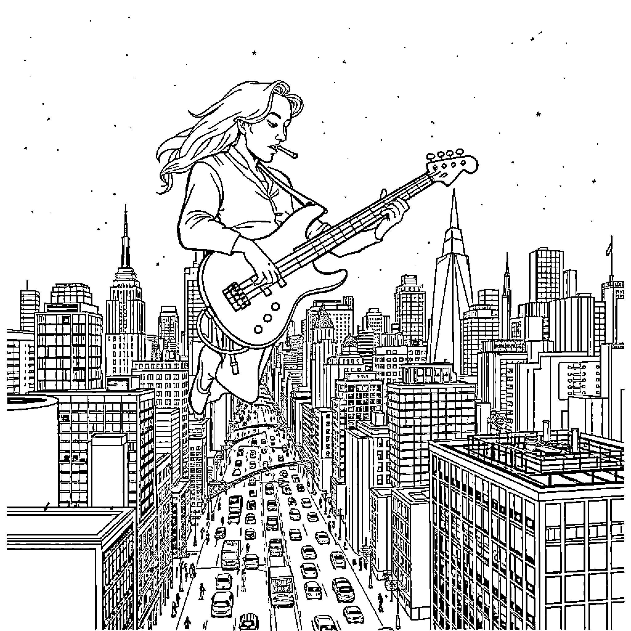 Bass Player Rocking Out in a Vibrant City Skyline Coloring Page (free black-and-white line drawing printable PDF for all, from beginners to advanced learners, including children, teens, adults, and seniors)