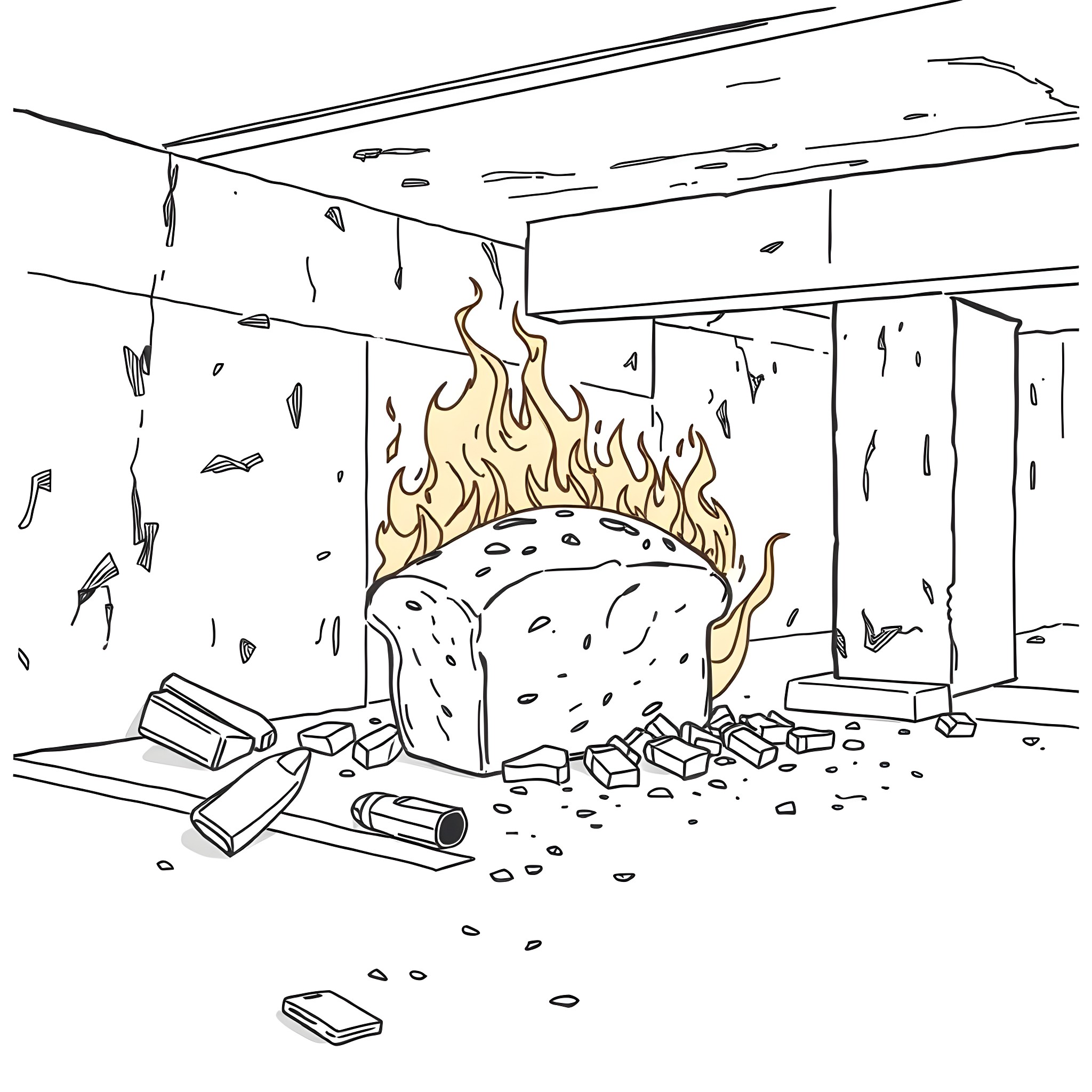 Bread on fire in a messy kitchen Coloring Page (free black-and-white line drawing printable PDF for all, from beginners to advanced learners, including children, teens, adults, and seniors)