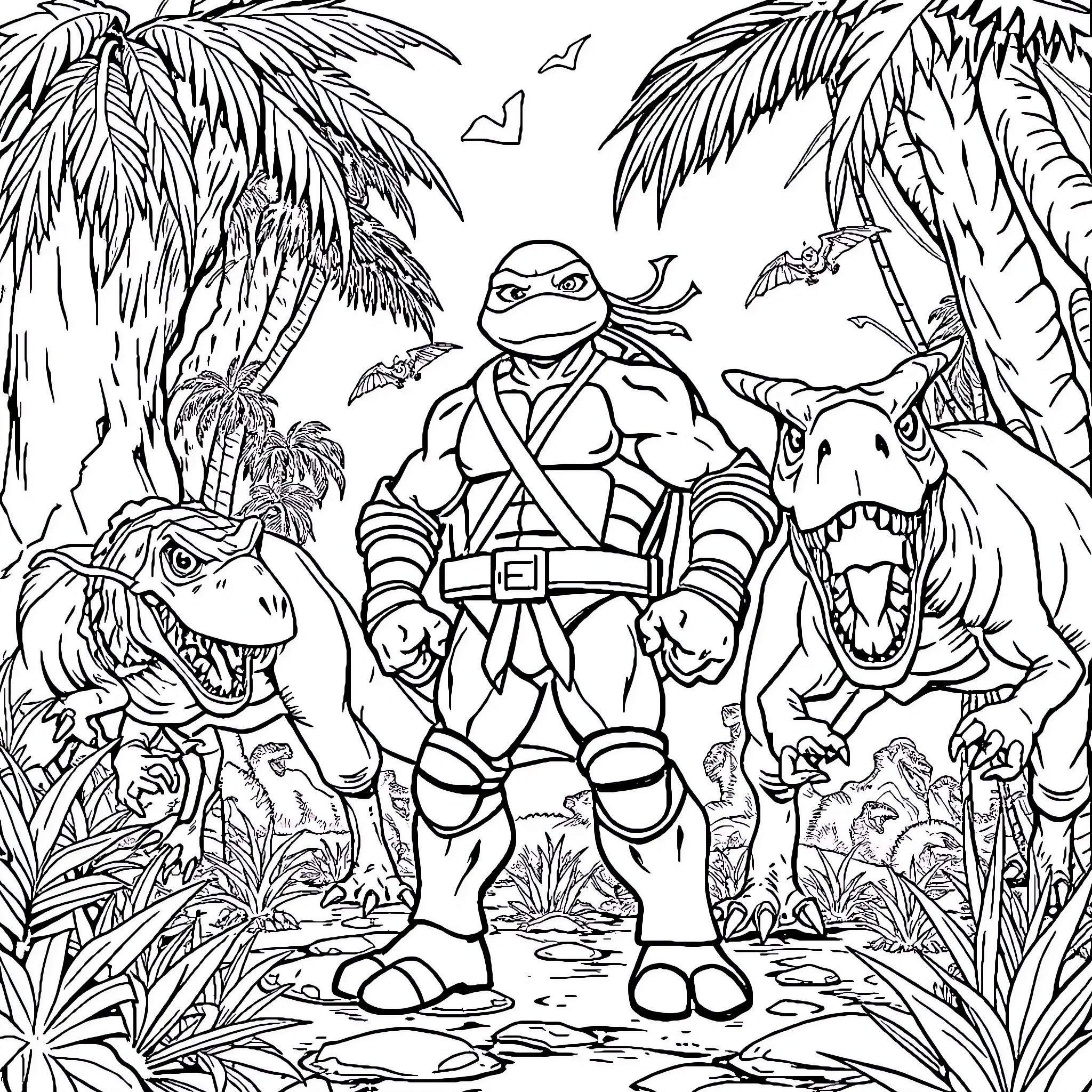 Raphael's Jungle Adventure with Mutant Companions Coloring Page (free black-and-white line drawing printable PDF for all, from beginners to advanced learners, including children, teens, adults, and seniors)