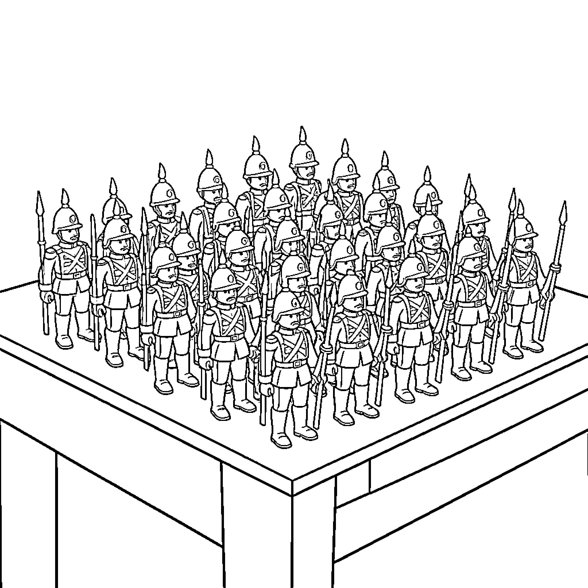 Toy Soldier formation standing in rows on a platform Coloring Page (free black-and-white line drawing printable PDF for all, from beginners to advanced learners, including children, teens, adults, and seniors)