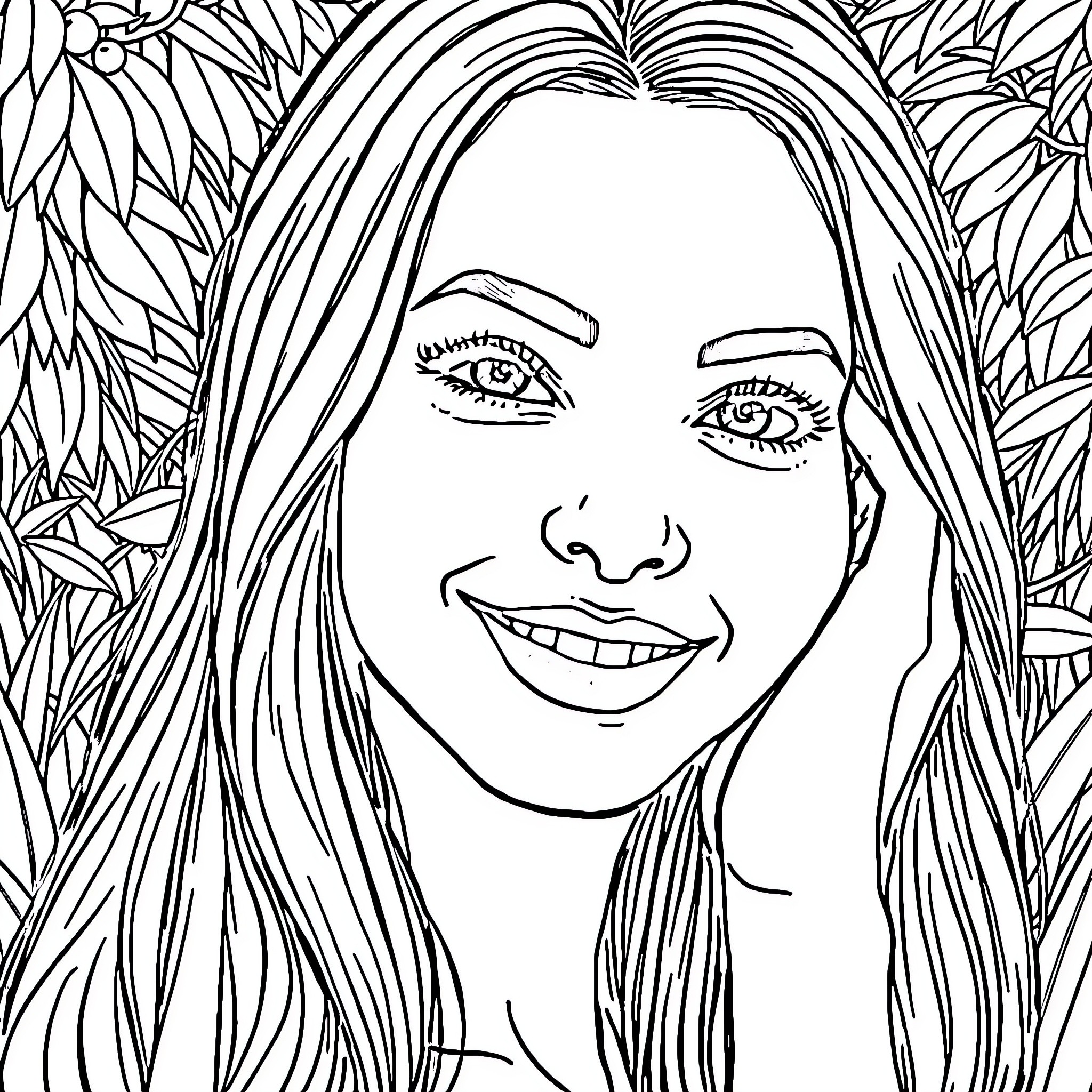 Latina woman with long hair and joyful expression Coloring Page (free black-and-white line drawing printable PDF for all, from beginners to advanced learners, including children, teens, adults, and seniors)