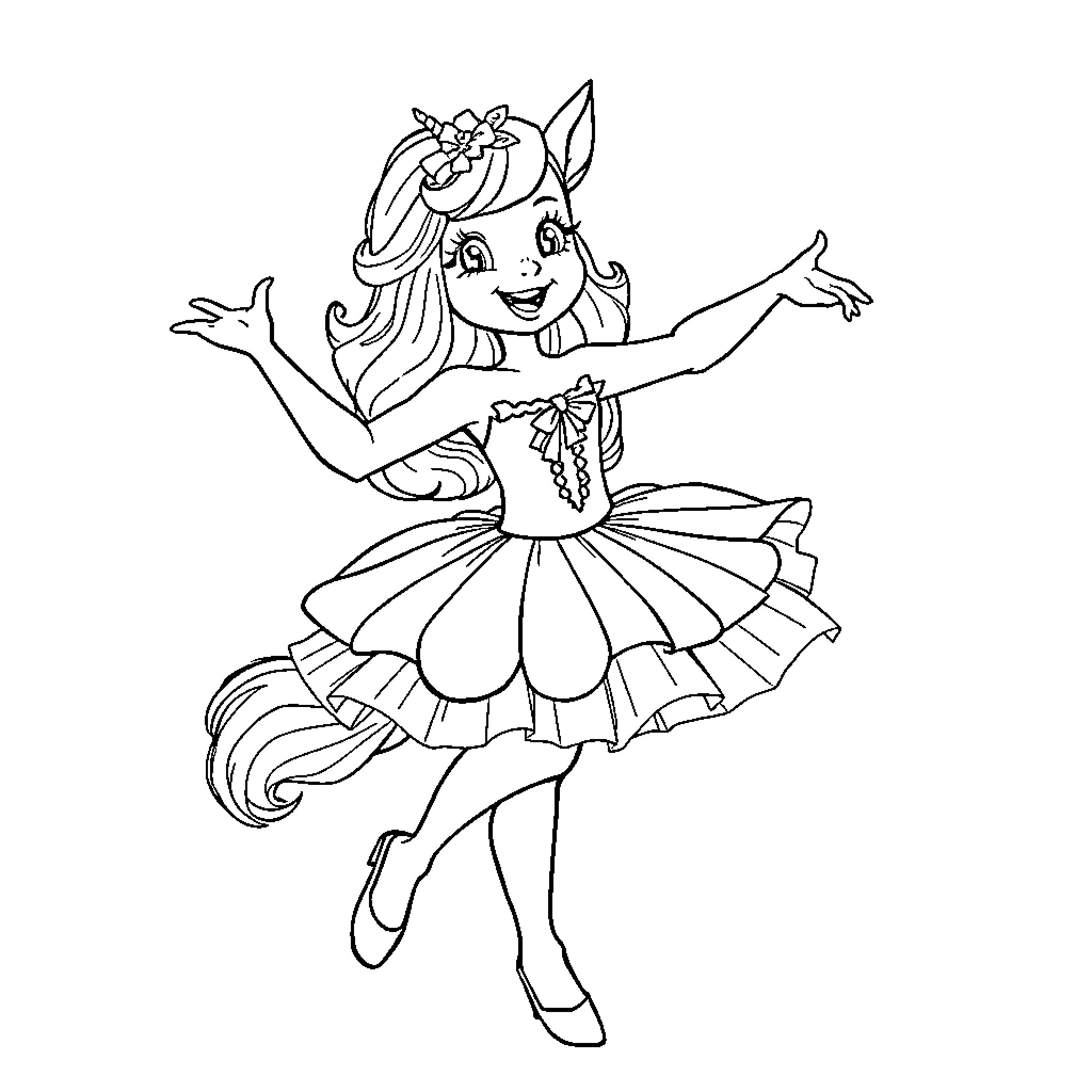 Huntrix Dancing Gracefully in a Ruffled Dress Coloring Page (free black-and-white line drawing printable PDF for all, from beginners to advanced learners, including children, teens, adults, and seniors)