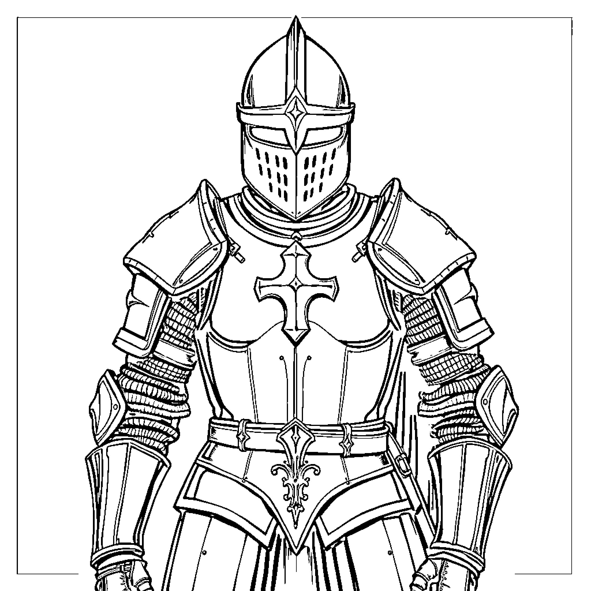 Knight in Ornate Armor Holding a Cross Coloring Page (free black-and-white line drawing printable PDF for all, from beginners to advanced learners, including children, teens, adults, and seniors)