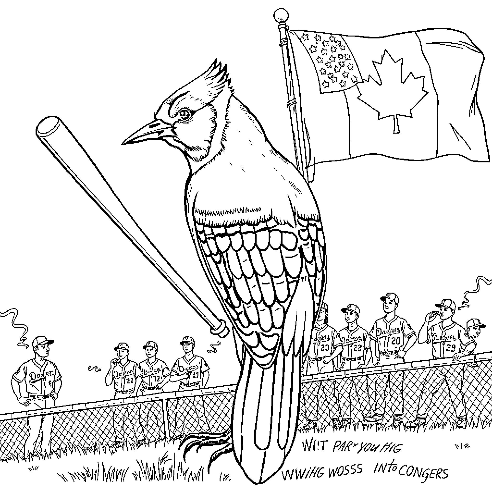 Blue Jay cheering on baseball players waving Canadian flag Coloring Page (free black-and-white line drawing printable PDF for all, from beginners to advanced learners, including children, teens, adults, and seniors)