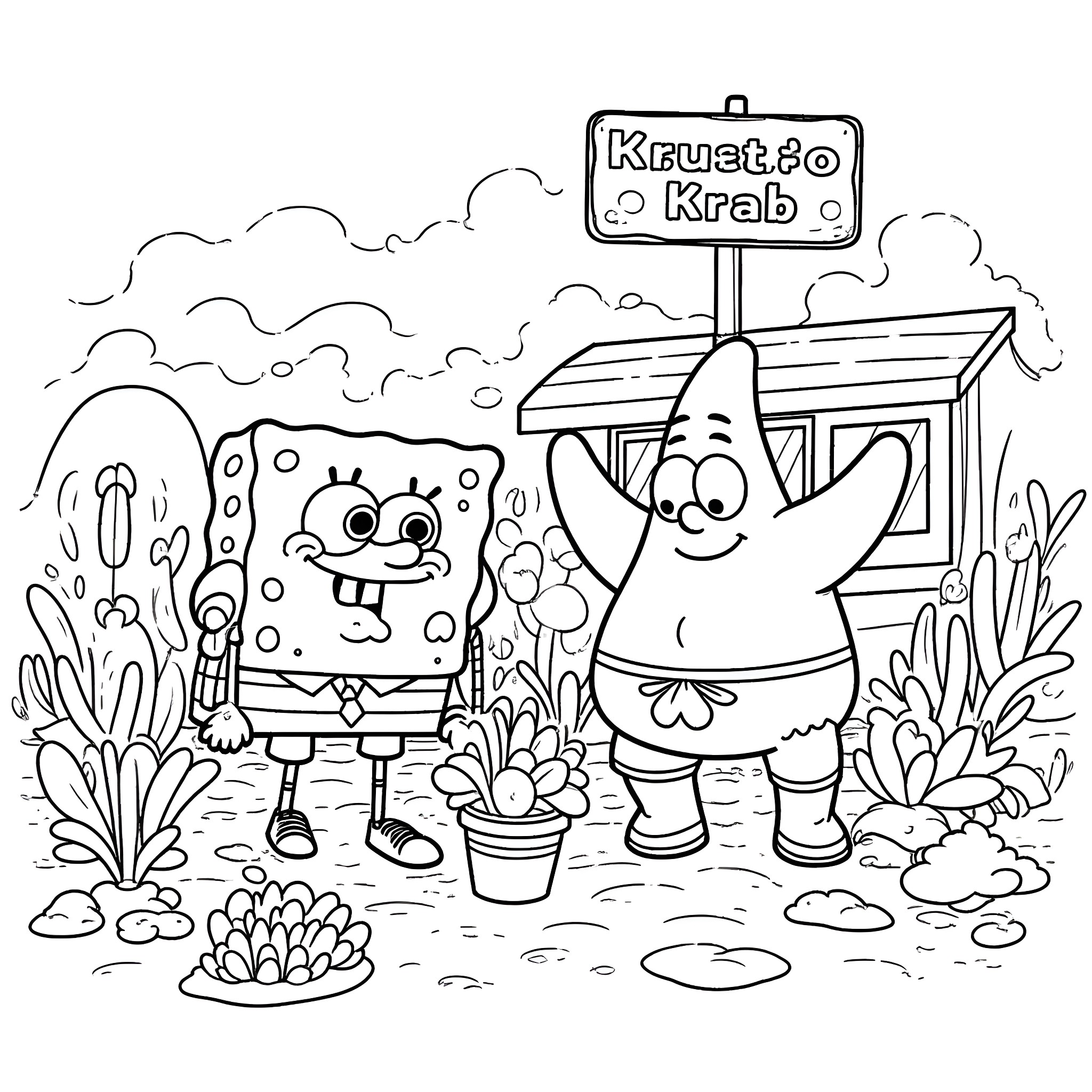 Spongebob and Patrick enjoying at Krusty Krab Coloring Page (free black-and-white line drawing printable PDF for all, from beginners to advanced learners, including children, teens, adults, and seniors)