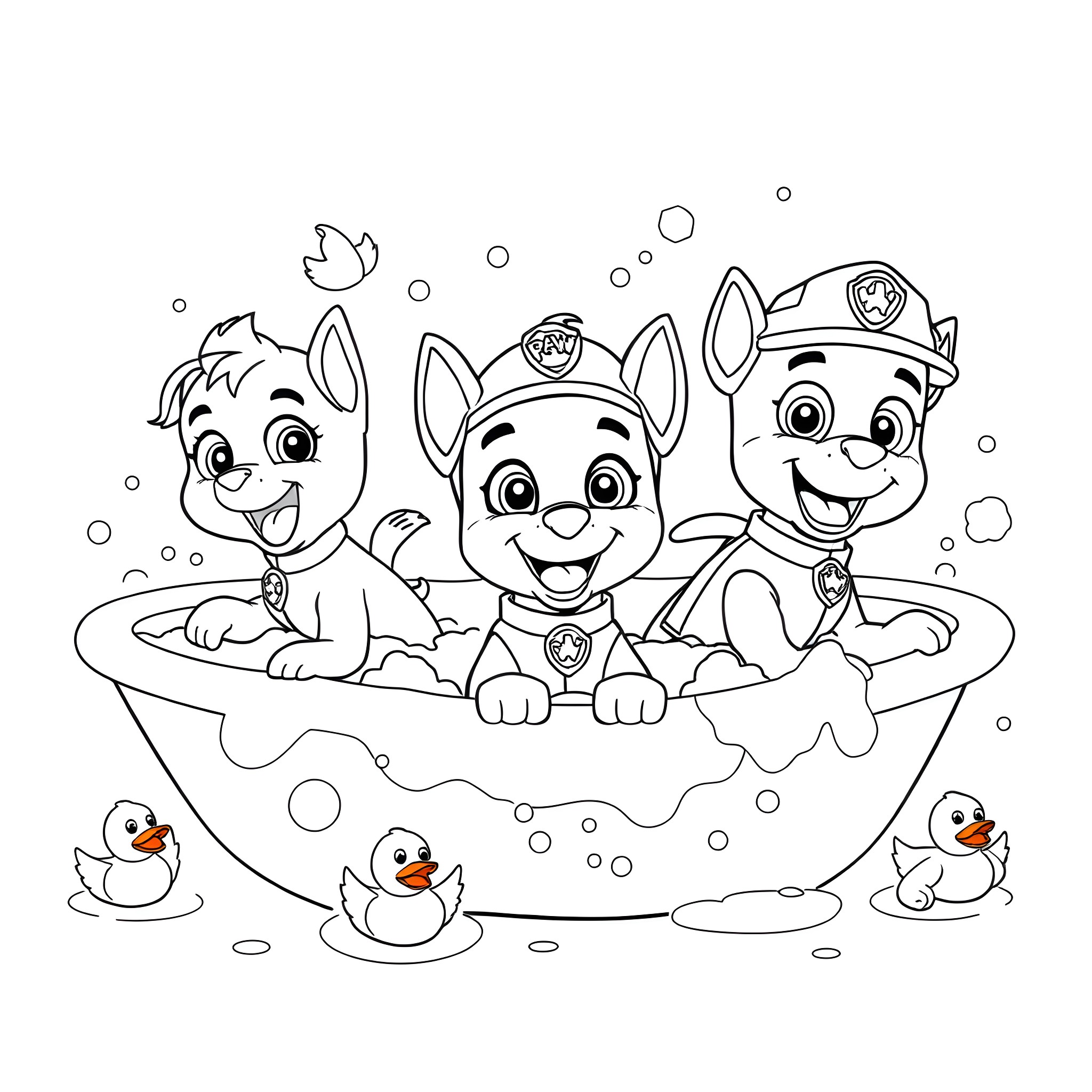 Paw Patrol puppies enjoying bath time with duckies Coloring Page (free black-and-white line drawing printable PDF for all, from beginners to advanced learners, including children, teens, adults, and seniors)