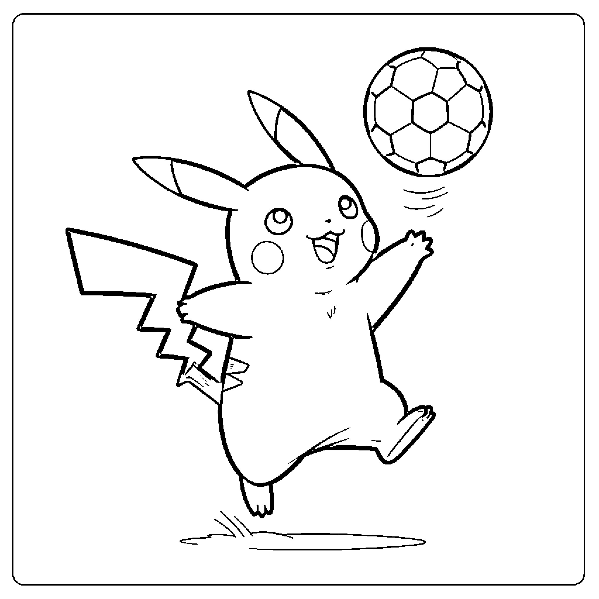 Pikachu playing happily with a soccer ball Coloring Page (free black-and-white line drawing printable PDF for all, from beginners to advanced learners, including children, teens, adults, and seniors)