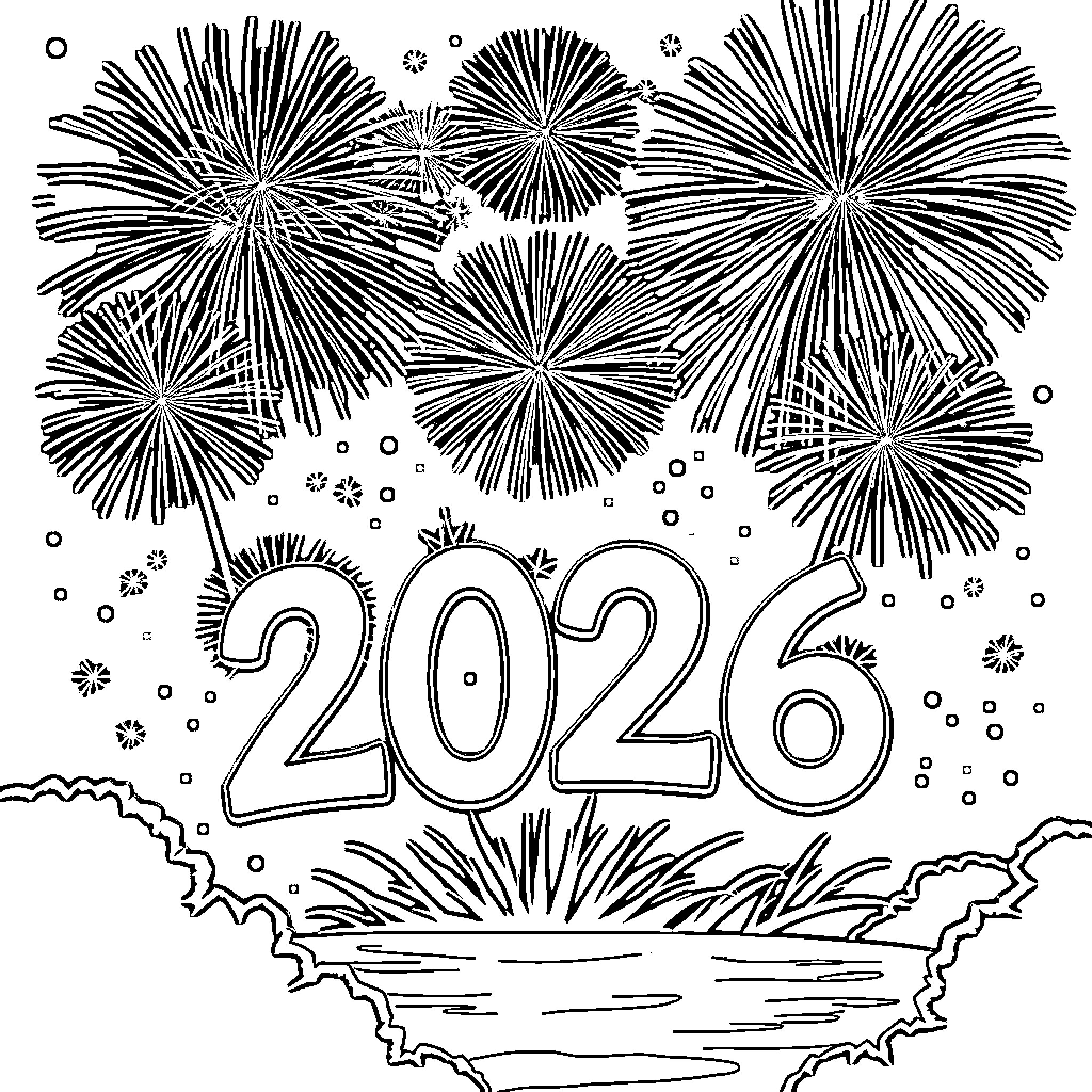 New Year Firework Display over Scenic Landscape Coloring Page (free black-and-white line drawing printable PDF for all, from beginners to advanced learners, including children, teens, adults, and seniors)