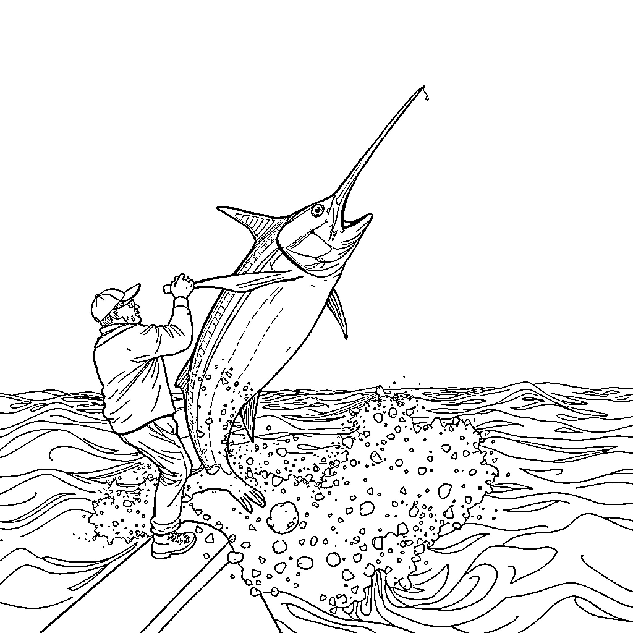 Marlin fishing adventure in the ocean Coloring Page (free black-and-white line drawing printable PDF for all, from beginners to advanced learners, including children, teens, adults, and seniors)