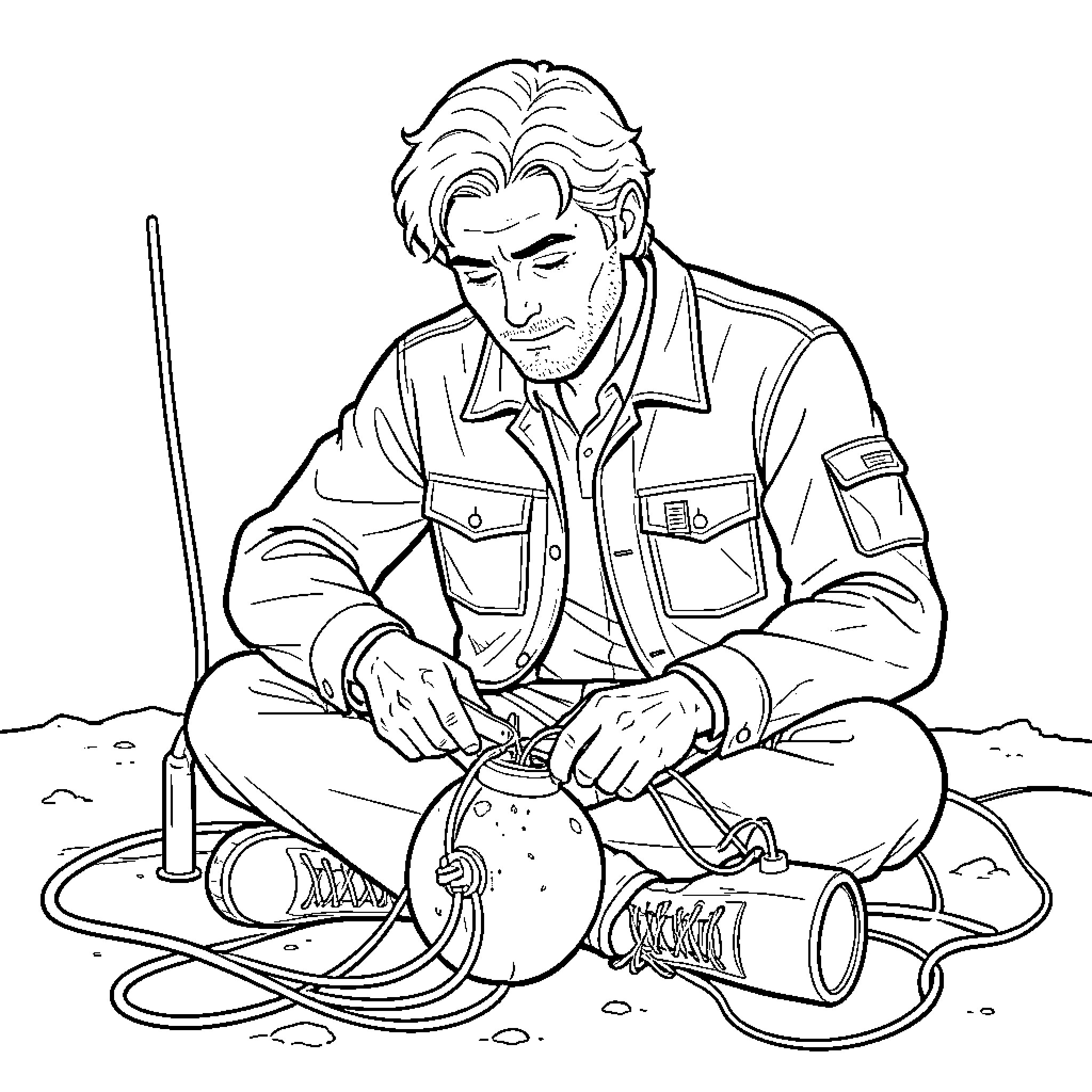 Macgyver focused on fixing a device with tools Coloring Page (free black-and-white line drawing printable PDF for all, from beginners to advanced learners, including children, teens, adults, and seniors)